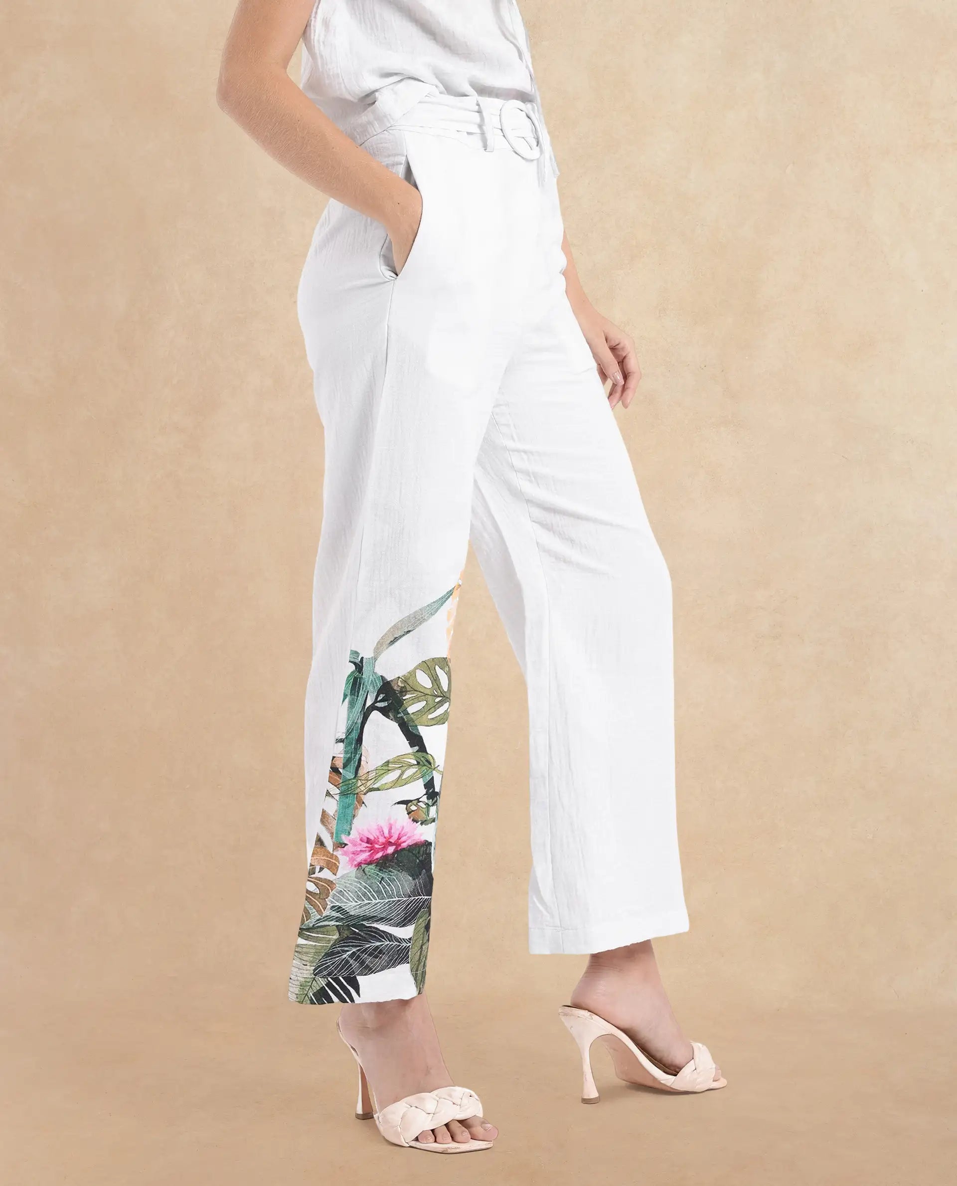 Rareism Women Yarani-SC Off White Zipper Wide Fit Tropical Print Ankle Length Trouser