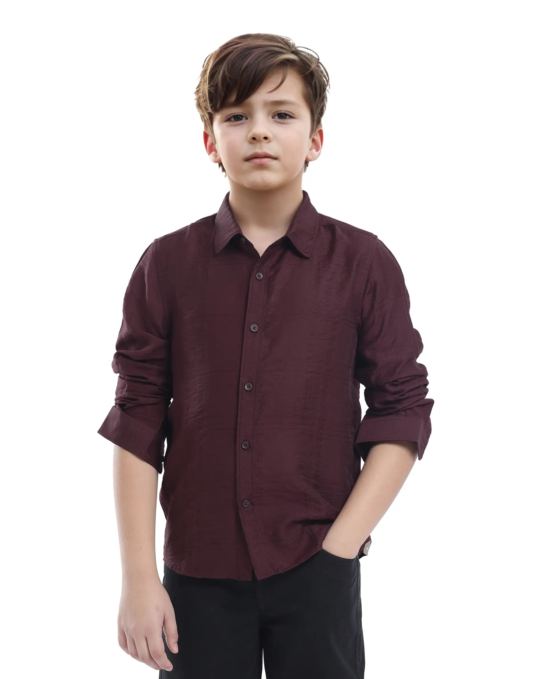 Rare Ones Kids Yard Maroon Viscose Blend Full Sleeve Button Solid Regular Fit Shirt