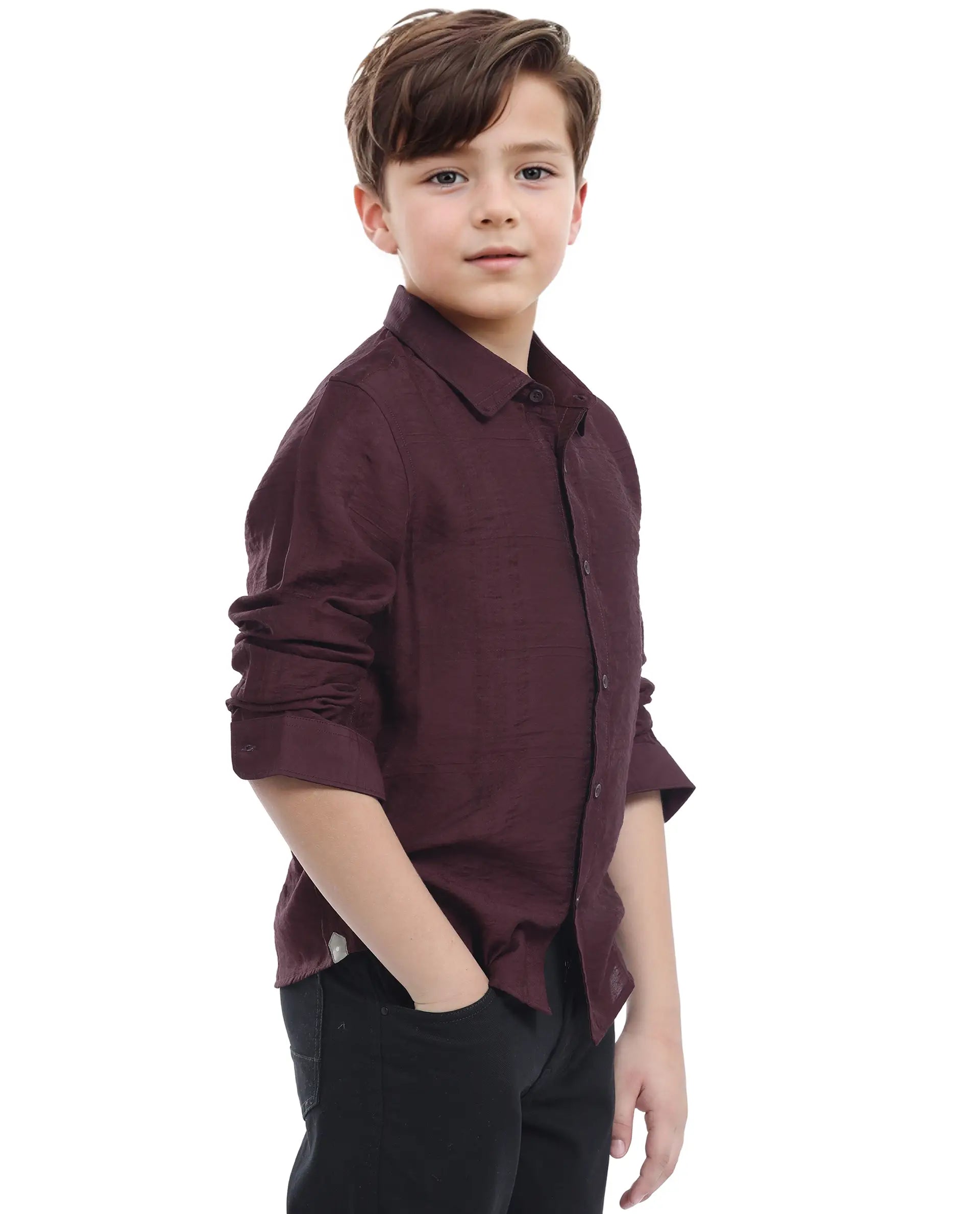 Rare Ones Kids Yard Maroon Viscose Blend Full Sleeve Button Solid Regular Fit Shirt