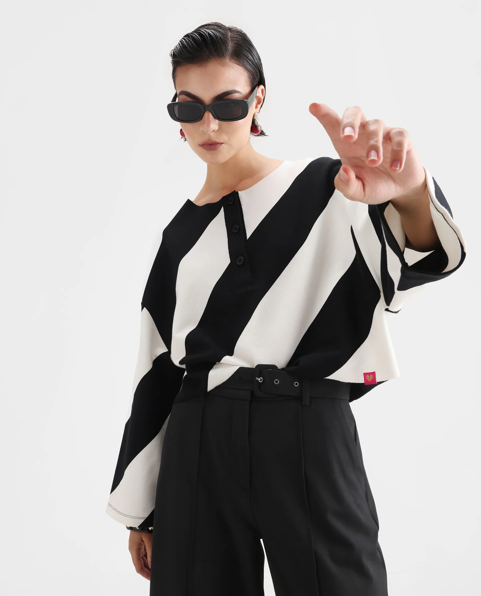 Rareism Women's Yarny Black Polyester Blend Henley Neck Striped Relaxed Fit Top