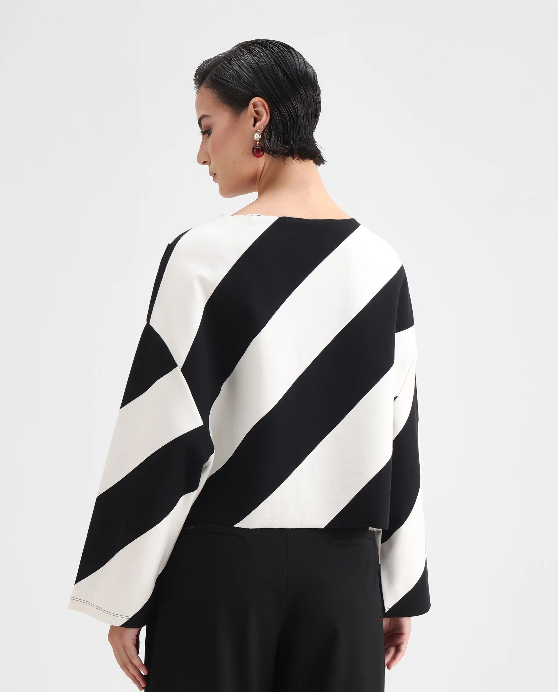 Rareism Women's Yarny Black Polyester Blend Henley Neck Striped Relaxed Fit Top