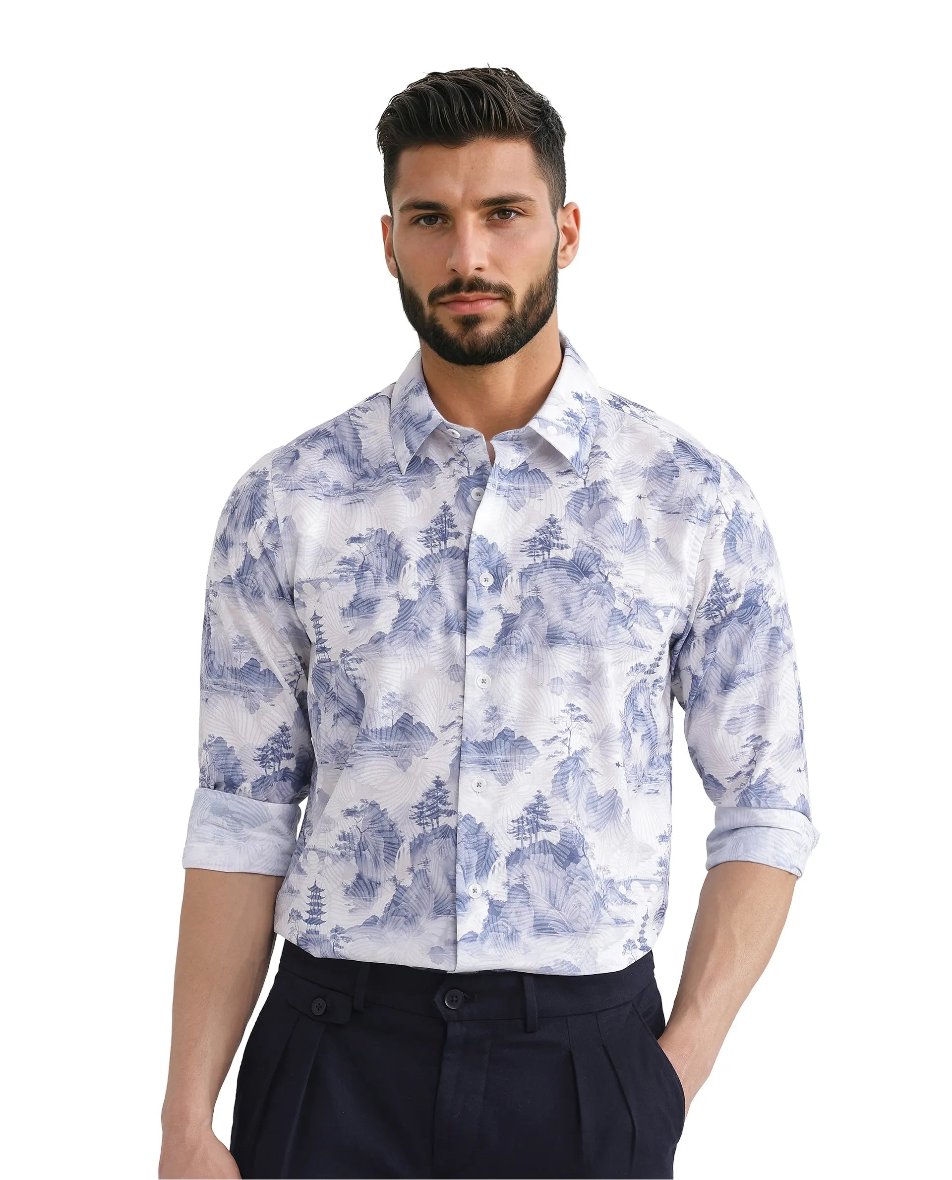 Rare Rabbit Men's Yashi Off-white Cotton Fabric Full Sleeve Regular Collared Button Closure Abstract Print Shirt