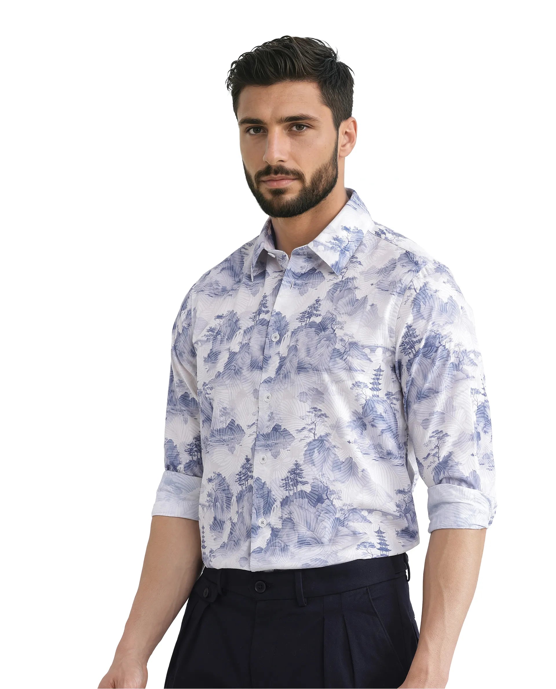 Rare Rabbit Men's Yashi Off-white Cotton Fabric Full Sleeve Regular Collared Button Closure Abstract Print Shirt