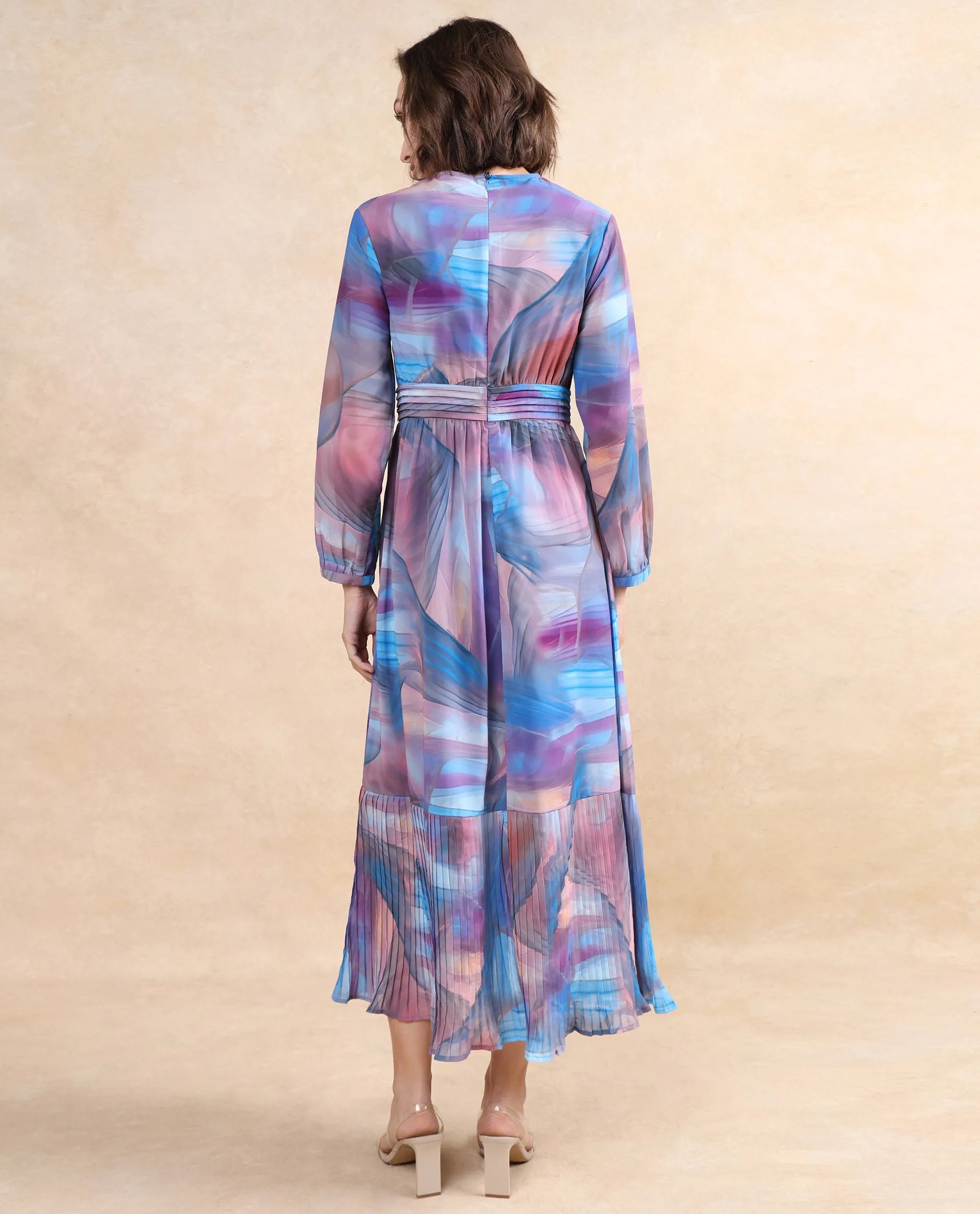 Rareism Women's Yason Multi Crew Neck Zipper Closure Bishop Sleeve Abstract Fit And Flare Maxi Dress