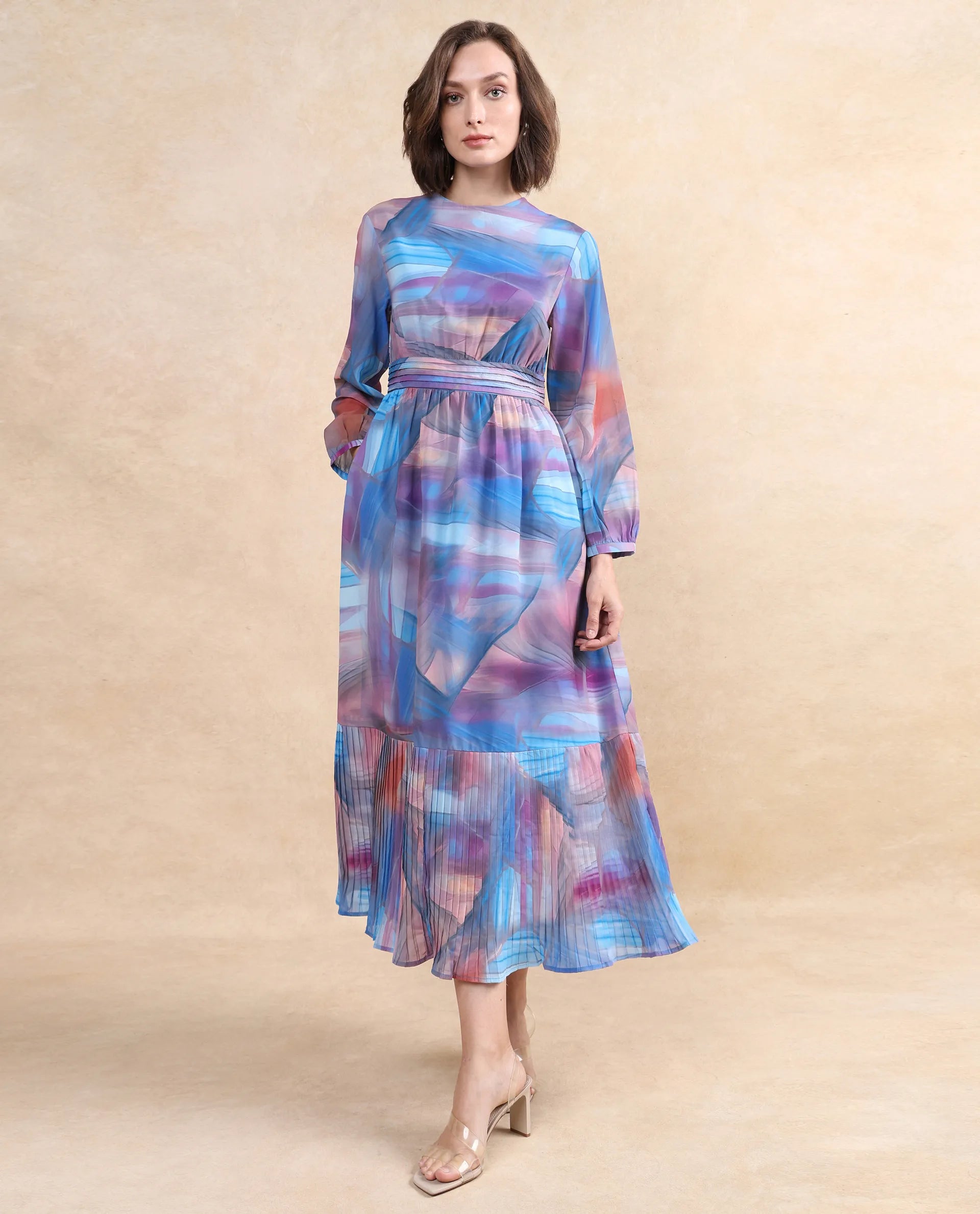 Rareism Women's Yason Multi Crew Neck Zipper Closure Bishop Sleeve Abstract Fit And Flare Maxi Dress