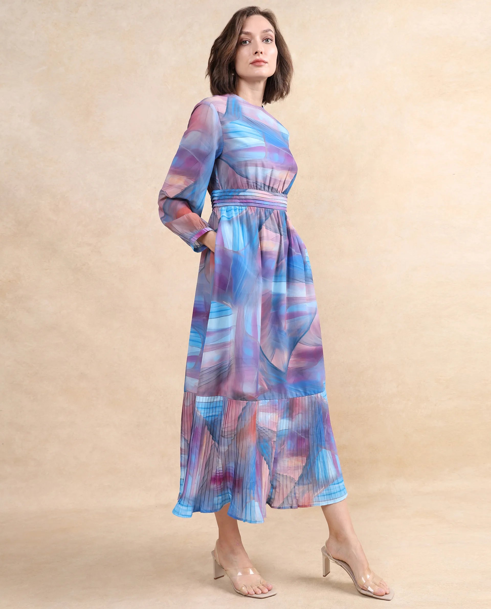 Rareism Women's Yason Multi Crew Neck Zipper Closure Bishop Sleeve Abstract Fit And Flare Maxi Dress