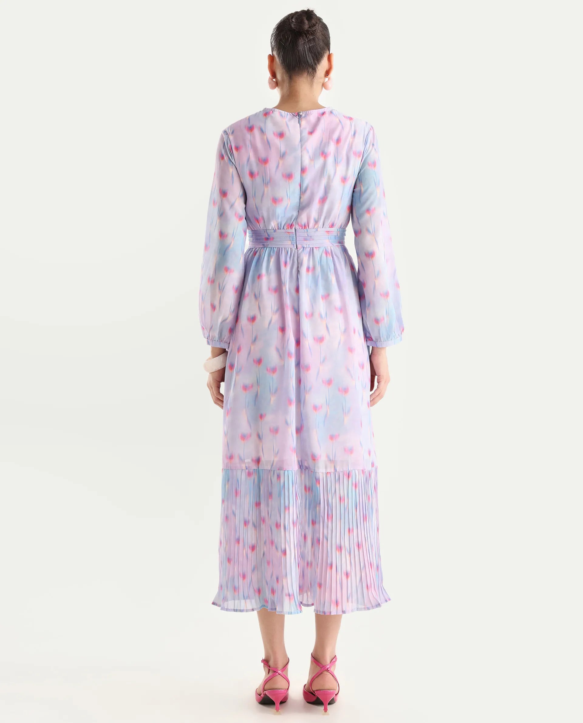 Rareism Women's Yasopp Multi Polyester Crew Neck Floral Print Bishop Sleeve Midi Fit And Flare Dress