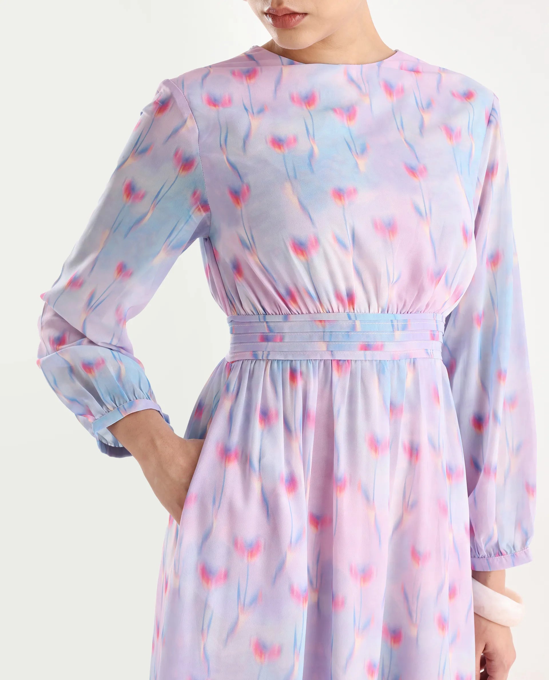 Rareism Women's Yasopp Multi Polyester Crew Neck Floral Print Bishop Sleeve Midi Fit And Flare Dress