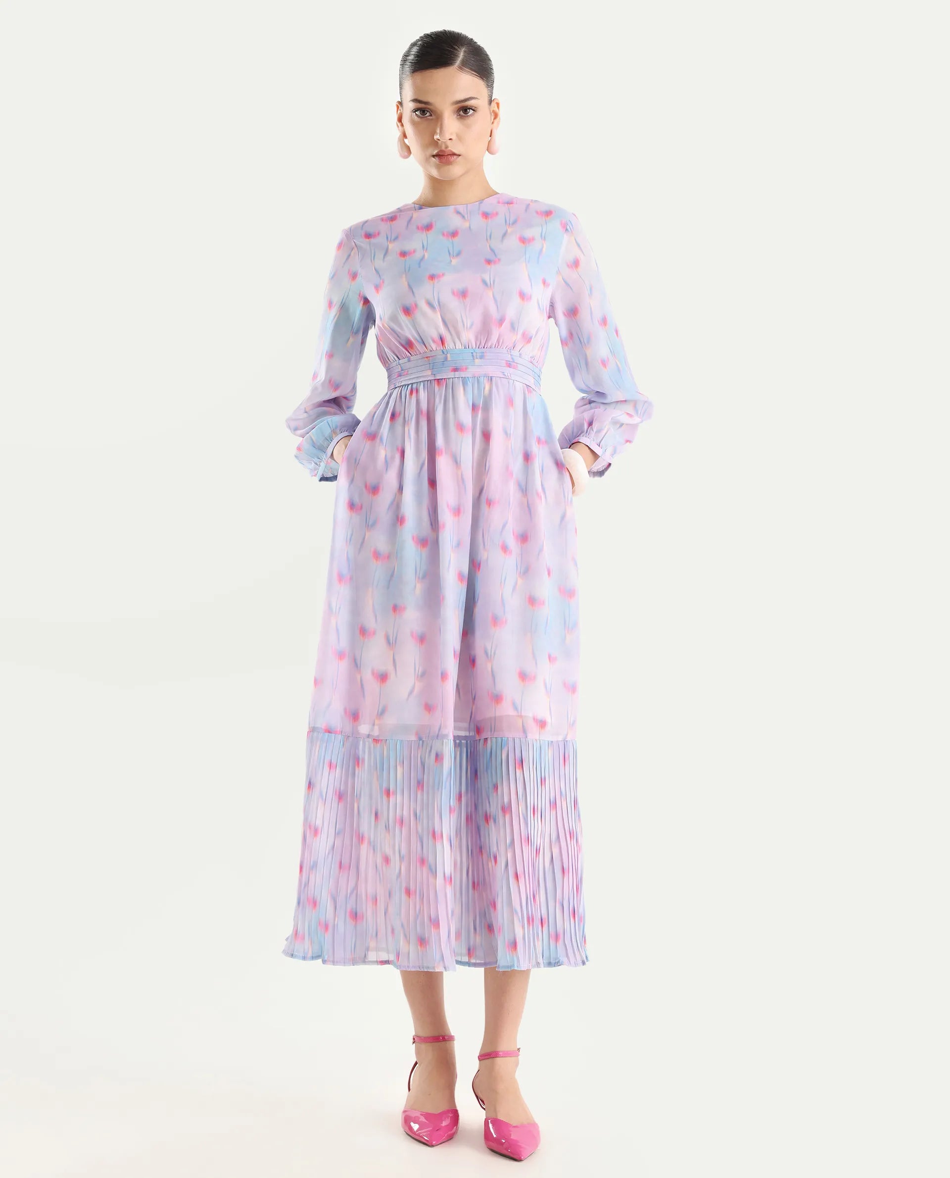 Rareism Women's Yasopp Multi Polyester Crew Neck Floral Print Bishop Sleeve Midi Fit And Flare Dress