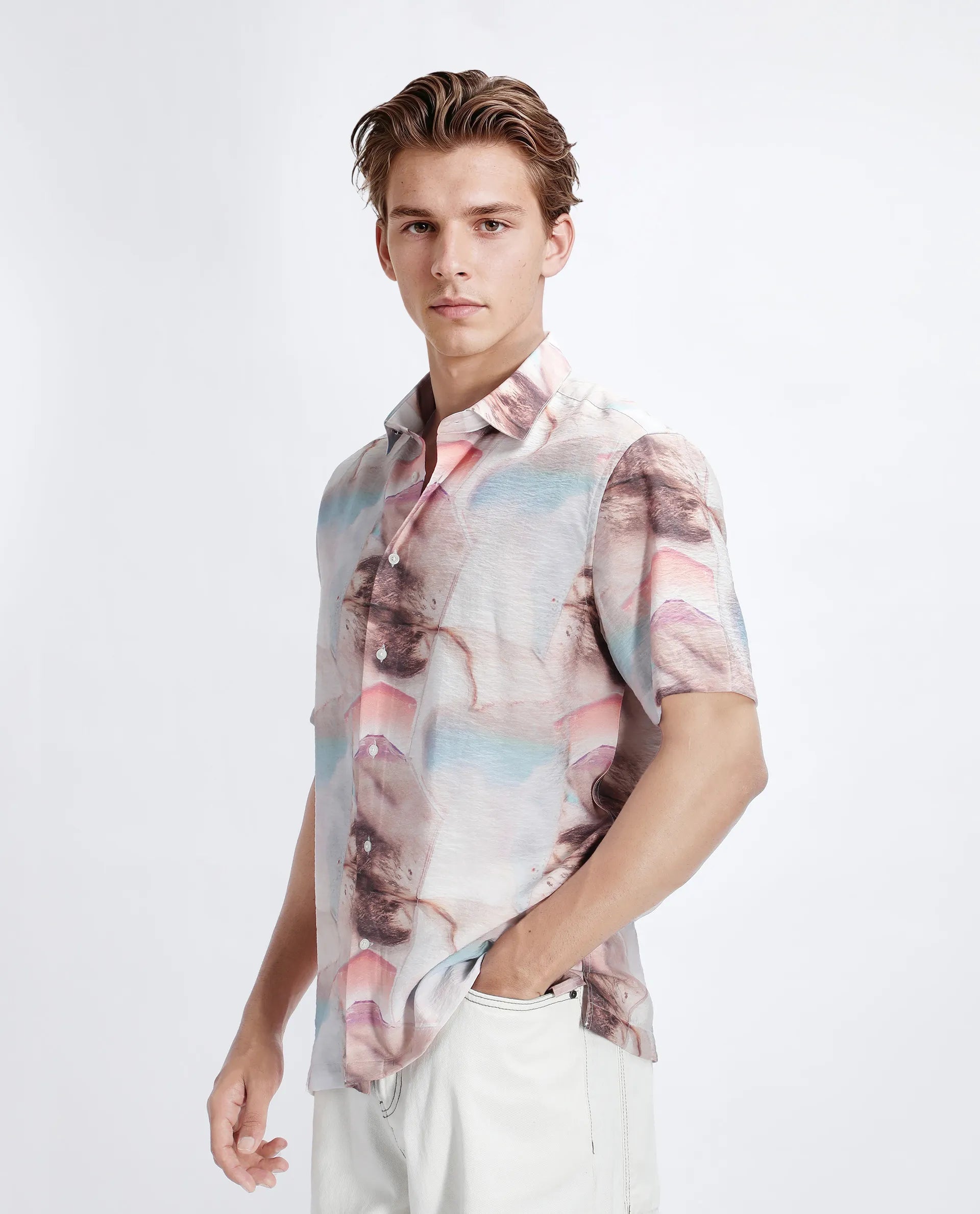 Rare Rabbit Men's Yat Beige Cotton Abstract Print Relaxed Fit Half Sleeve Collared Shirt