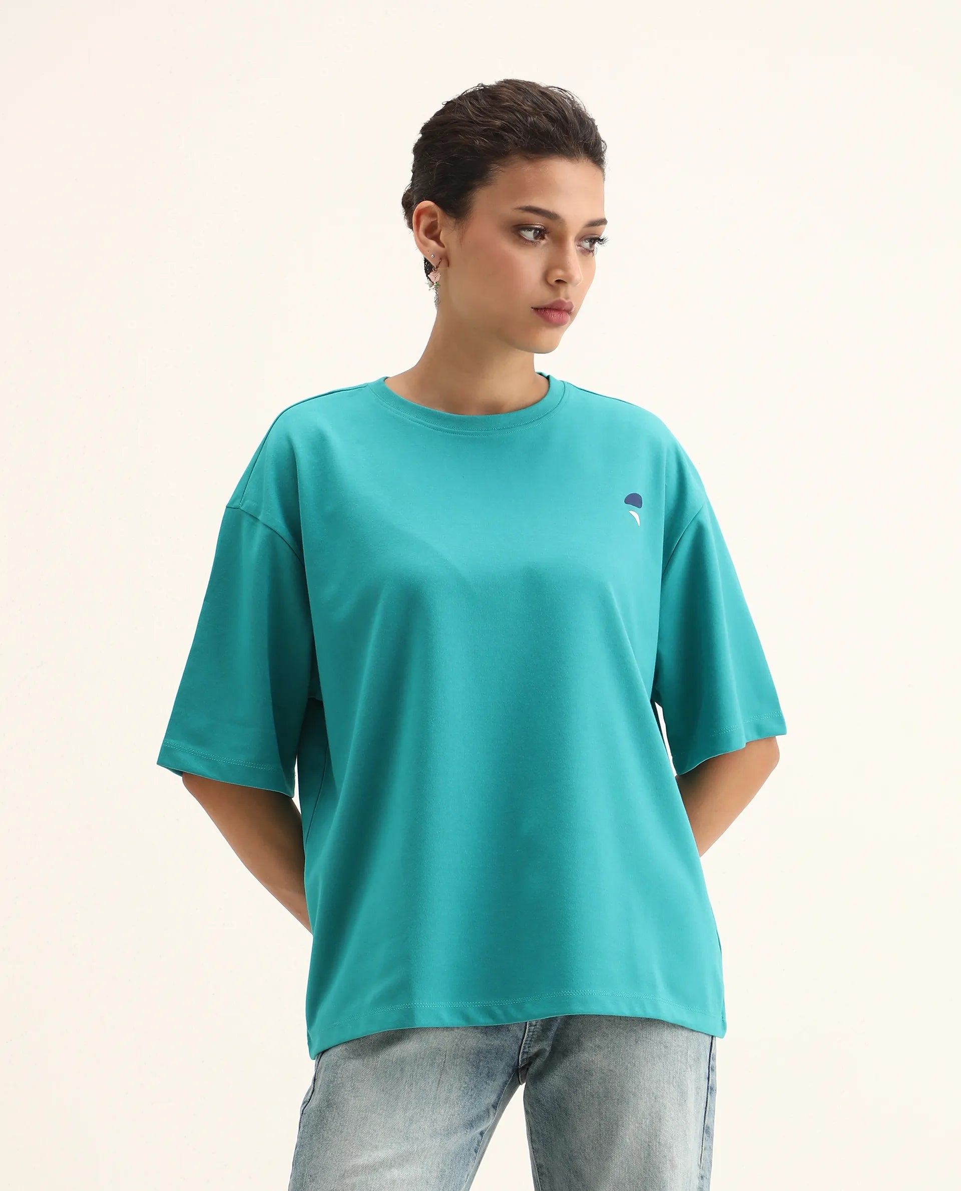 Rareism Women's Yeez Teal Cotton Blend Crew Neck Graphic Print Oversized T-Shirt