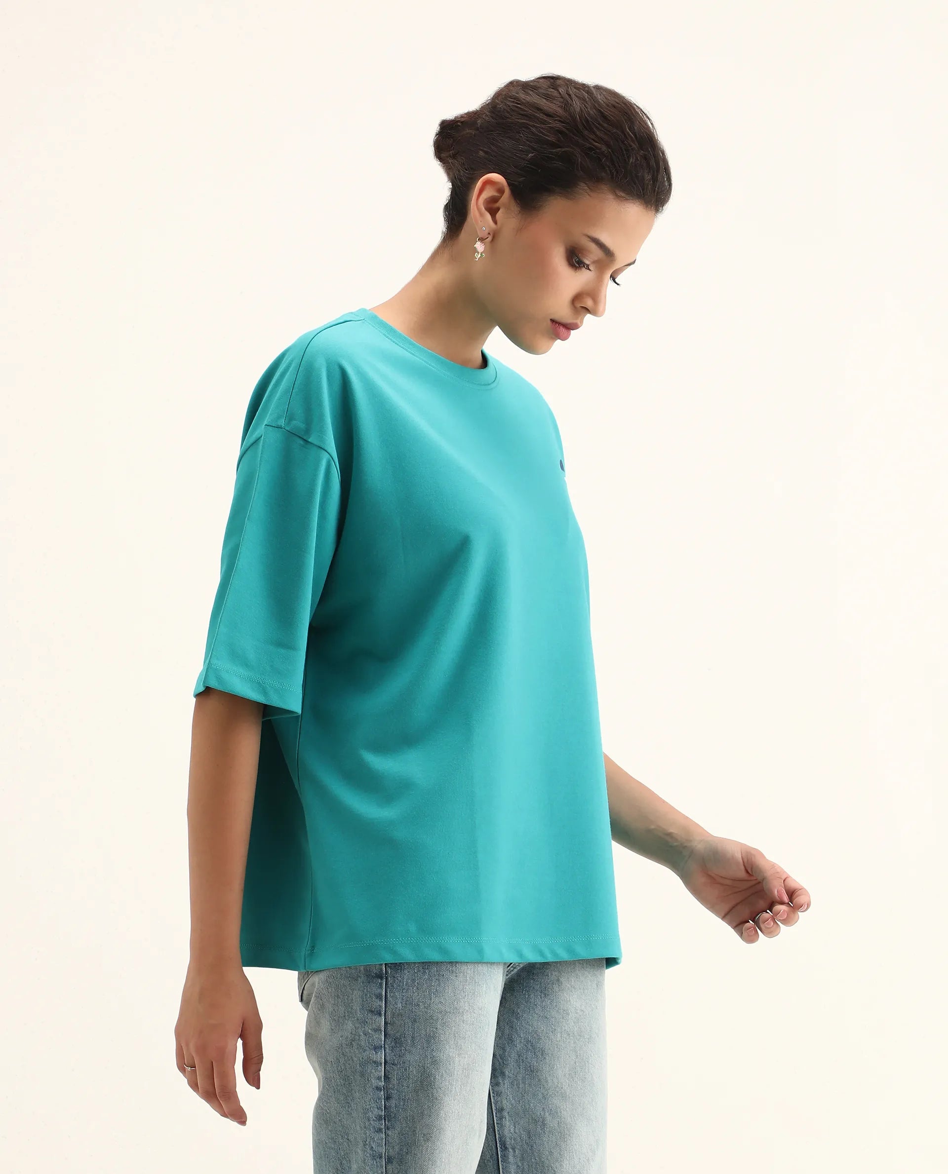 Rareism Women's Yeez Teal Cotton Blend Crew Neck Graphic Print Oversized T-Shirt
