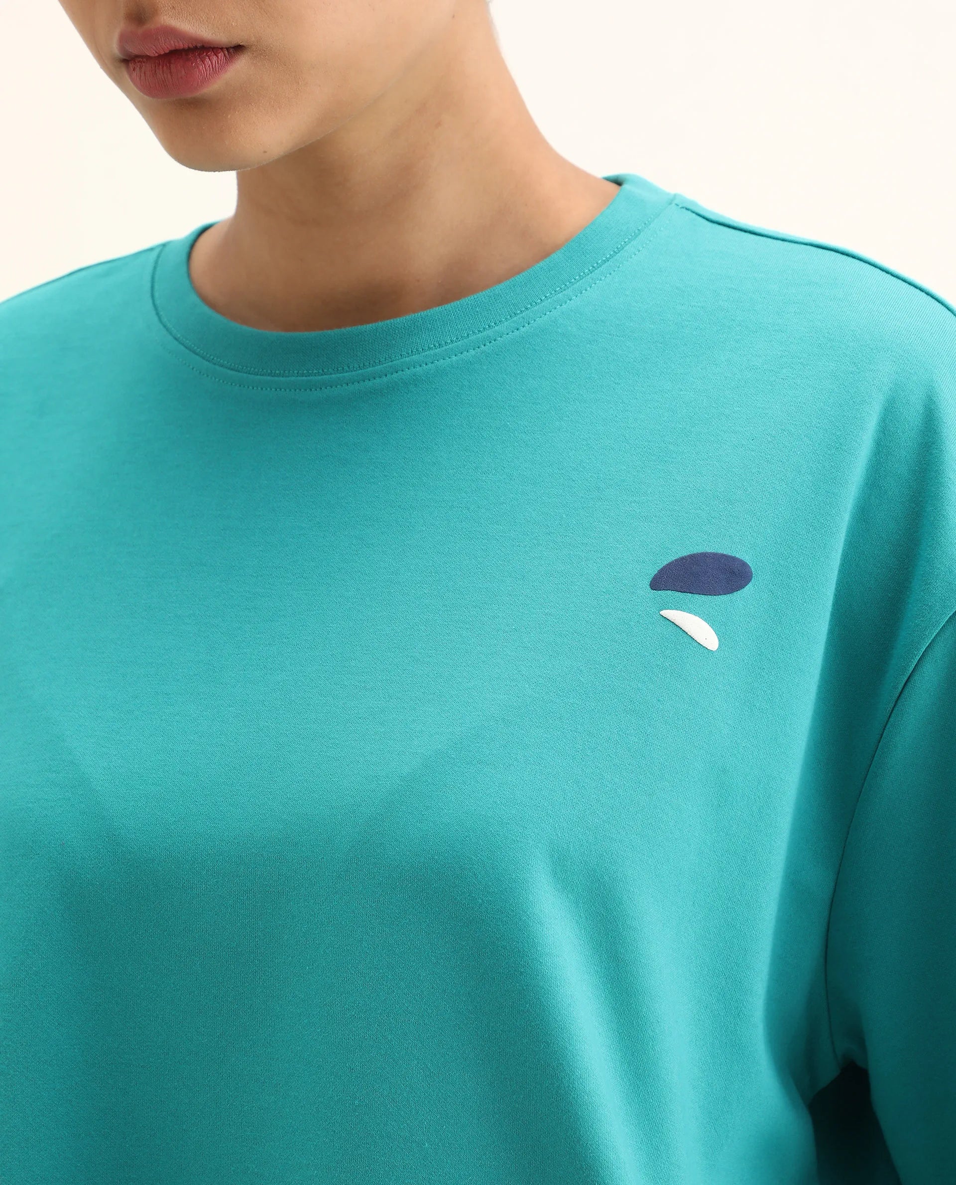 Rareism Women's Yeez Teal Cotton Blend Crew Neck Graphic Print Oversized T-Shirt