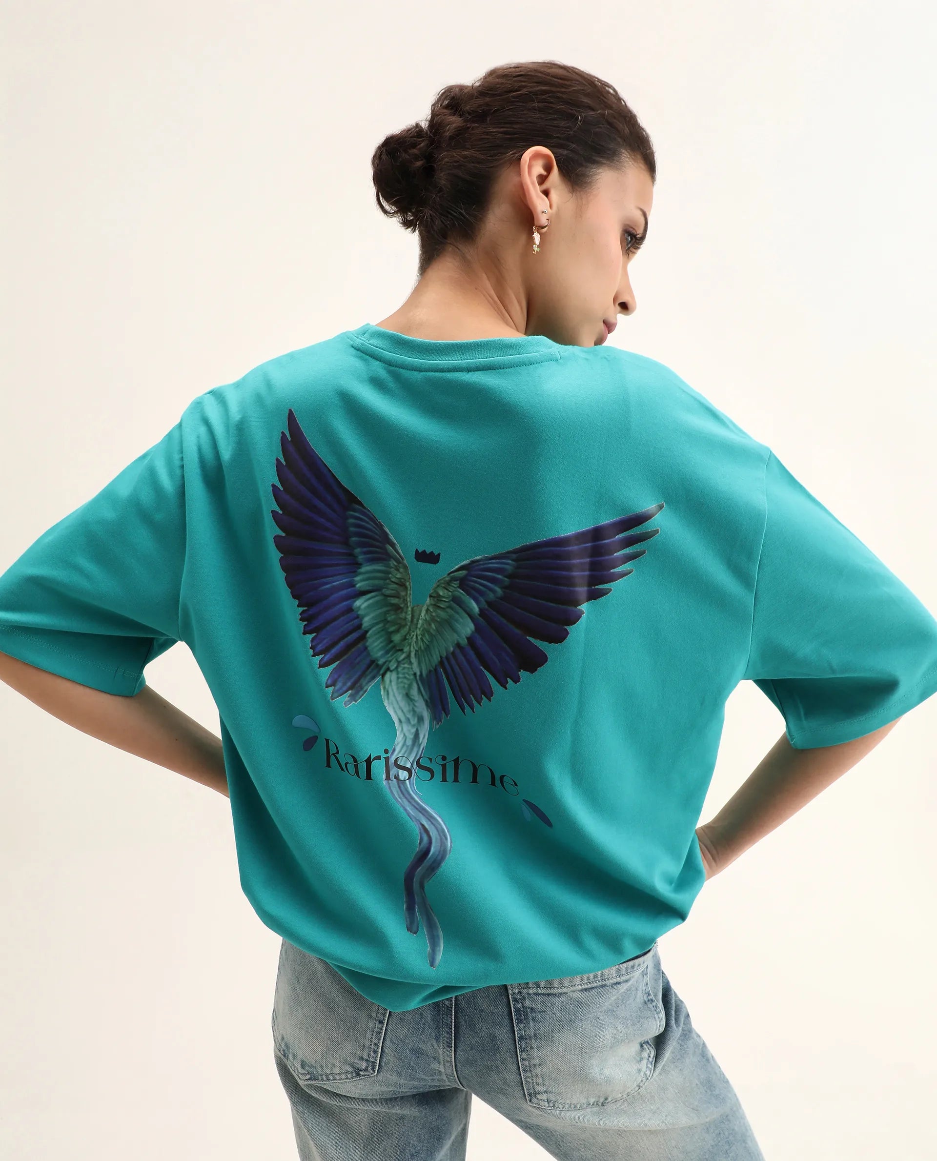 Rareism Women's Yeez Teal Cotton Blend Crew Neck Graphic Print Oversized T-Shirt