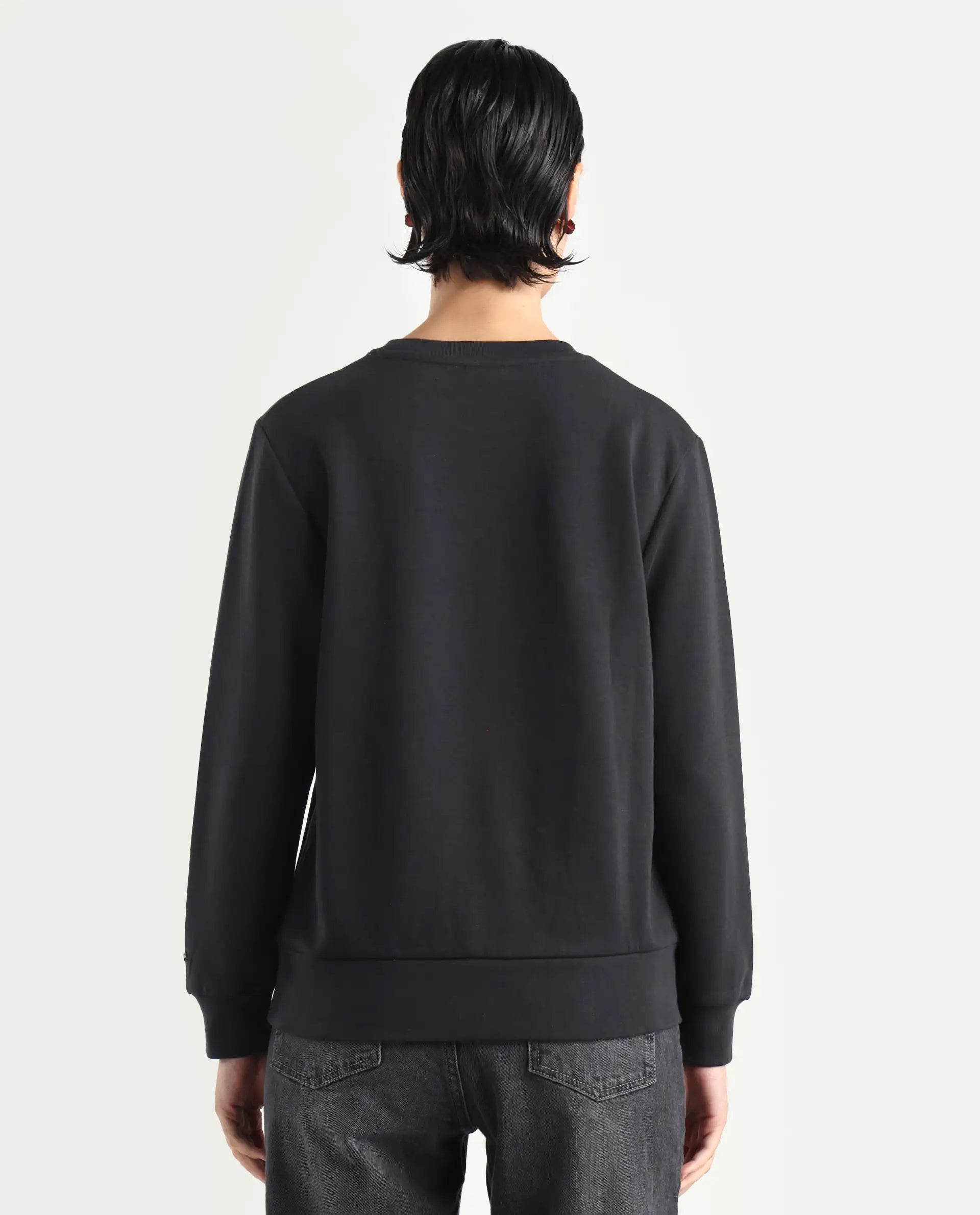 Rareism Women's Yello Black Cotton Blend Crew Neck Plain Relaxed Fit Sweatshirt