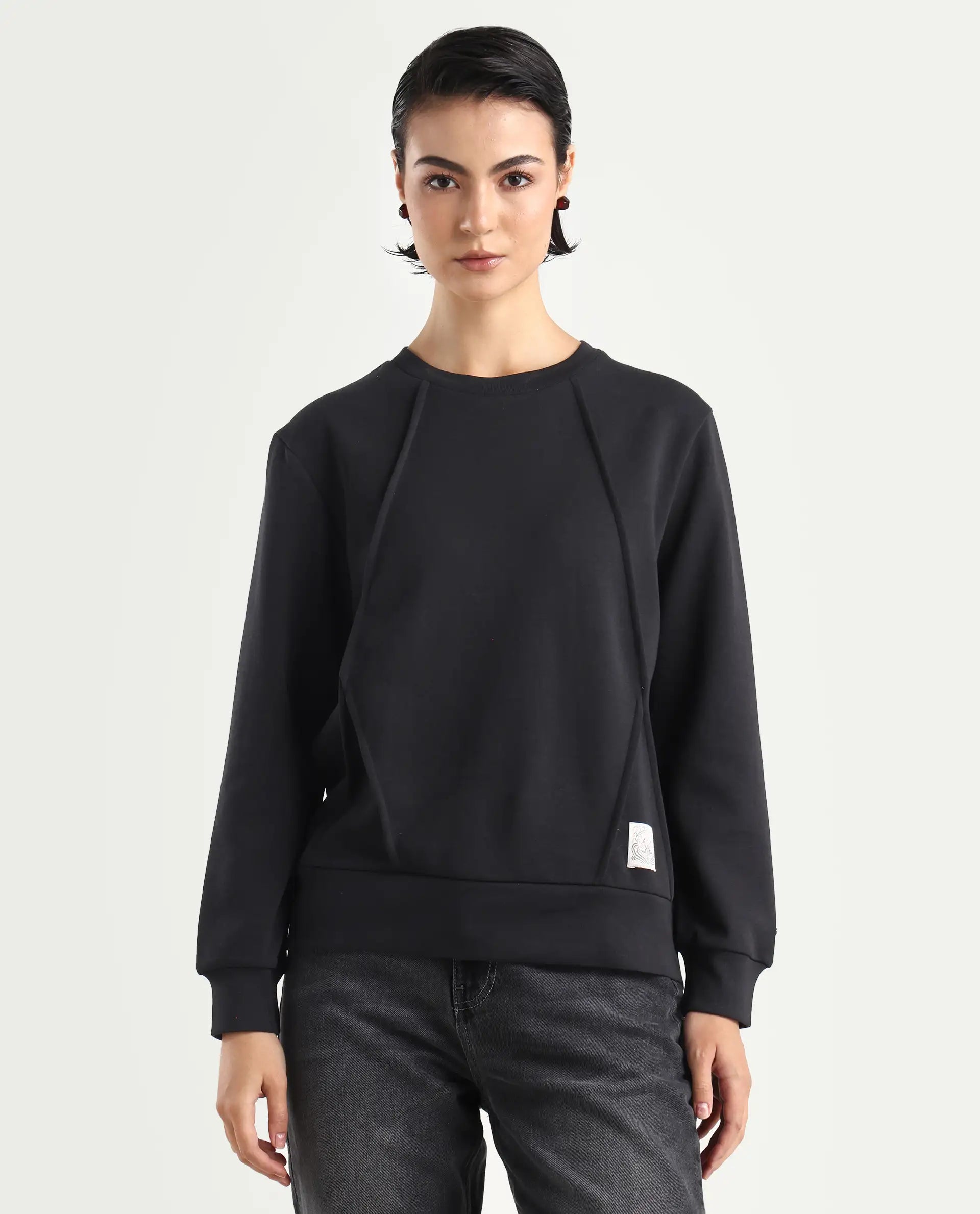 Rareism Women's Yello Black Cotton Blend Crew Neck Plain Relaxed Fit Sweatshirt