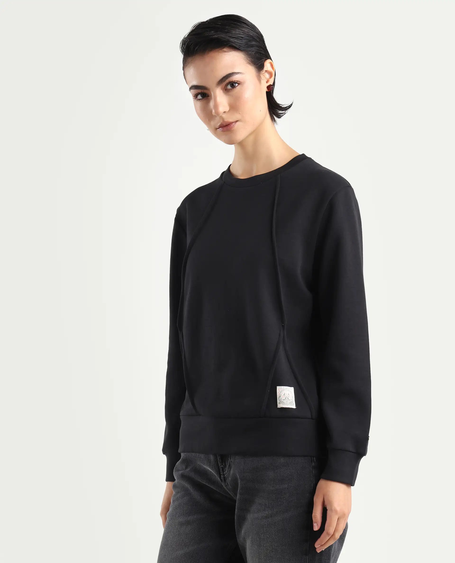 Rareism Women's Yello Black Cotton Blend Crew Neck Plain Relaxed Fit Sweatshirt