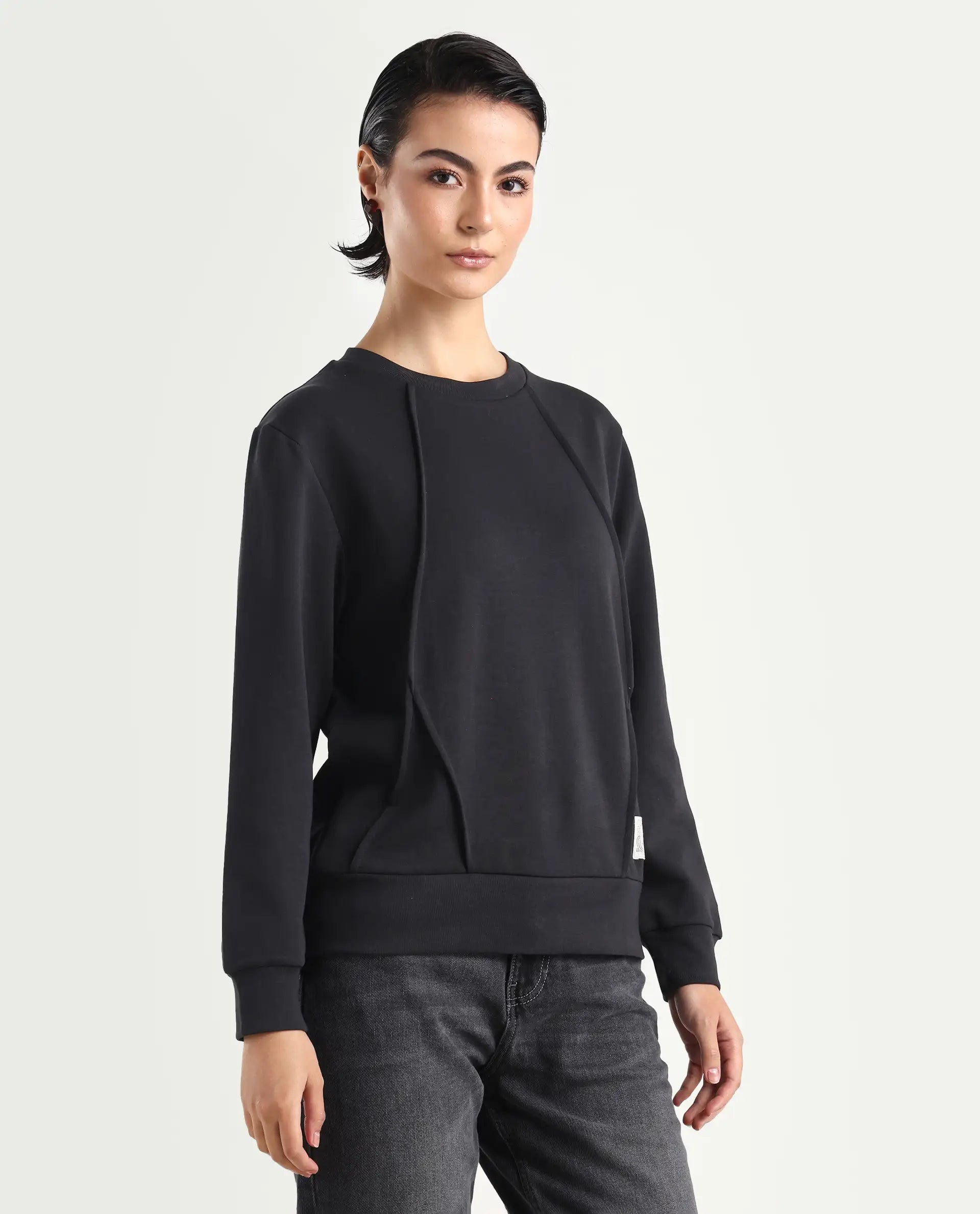 Rareism Women's Yello Black Cotton Blend Crew Neck Plain Relaxed Fit Sweatshirt