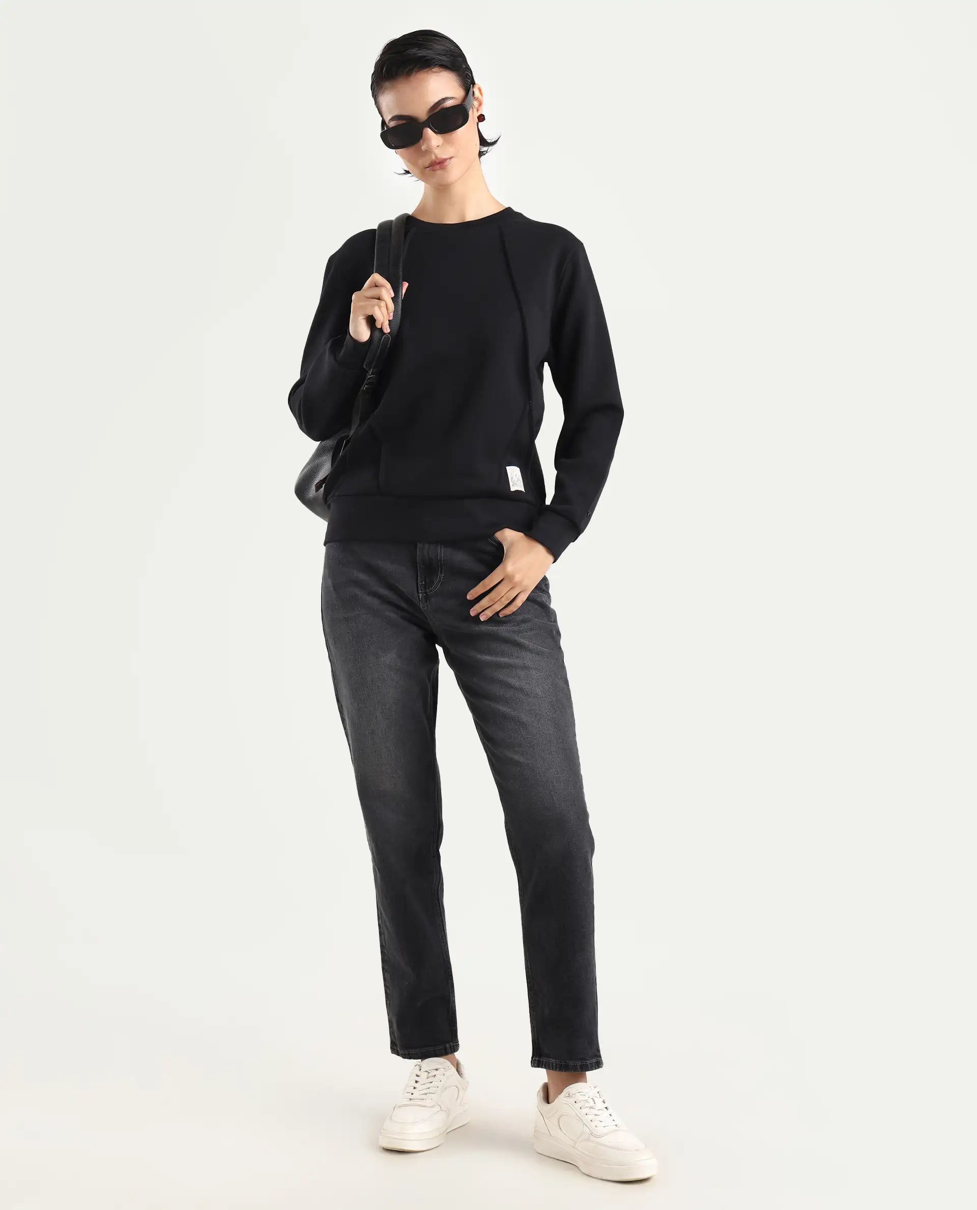 Rareism Women's Yello Black Cotton Blend Crew Neck Plain Relaxed Fit Sweatshirt