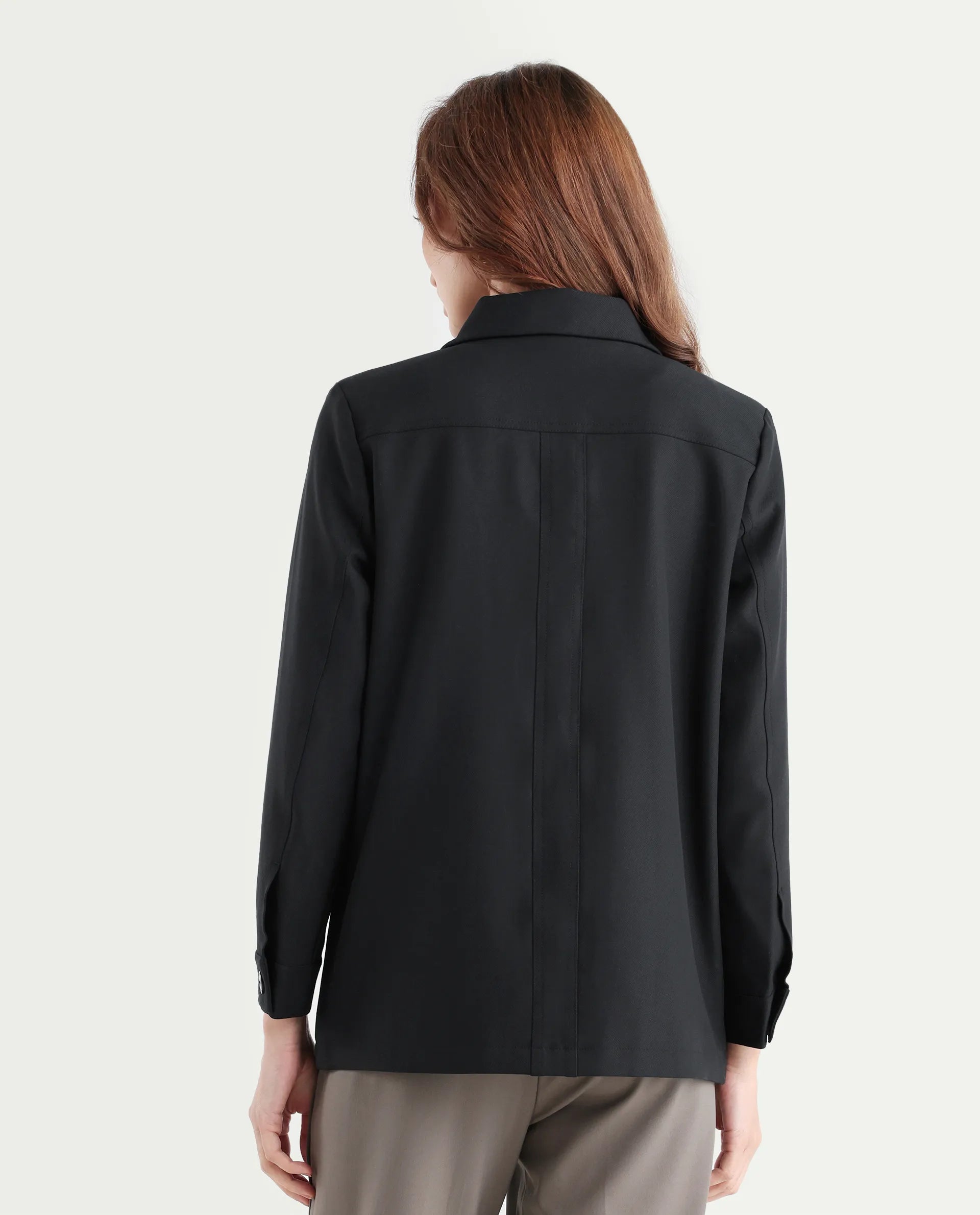 Rareism Women's Yeppon Black Drop Collar Plain Cuffed Sleeve Hip Length Boxy Fit Jacket