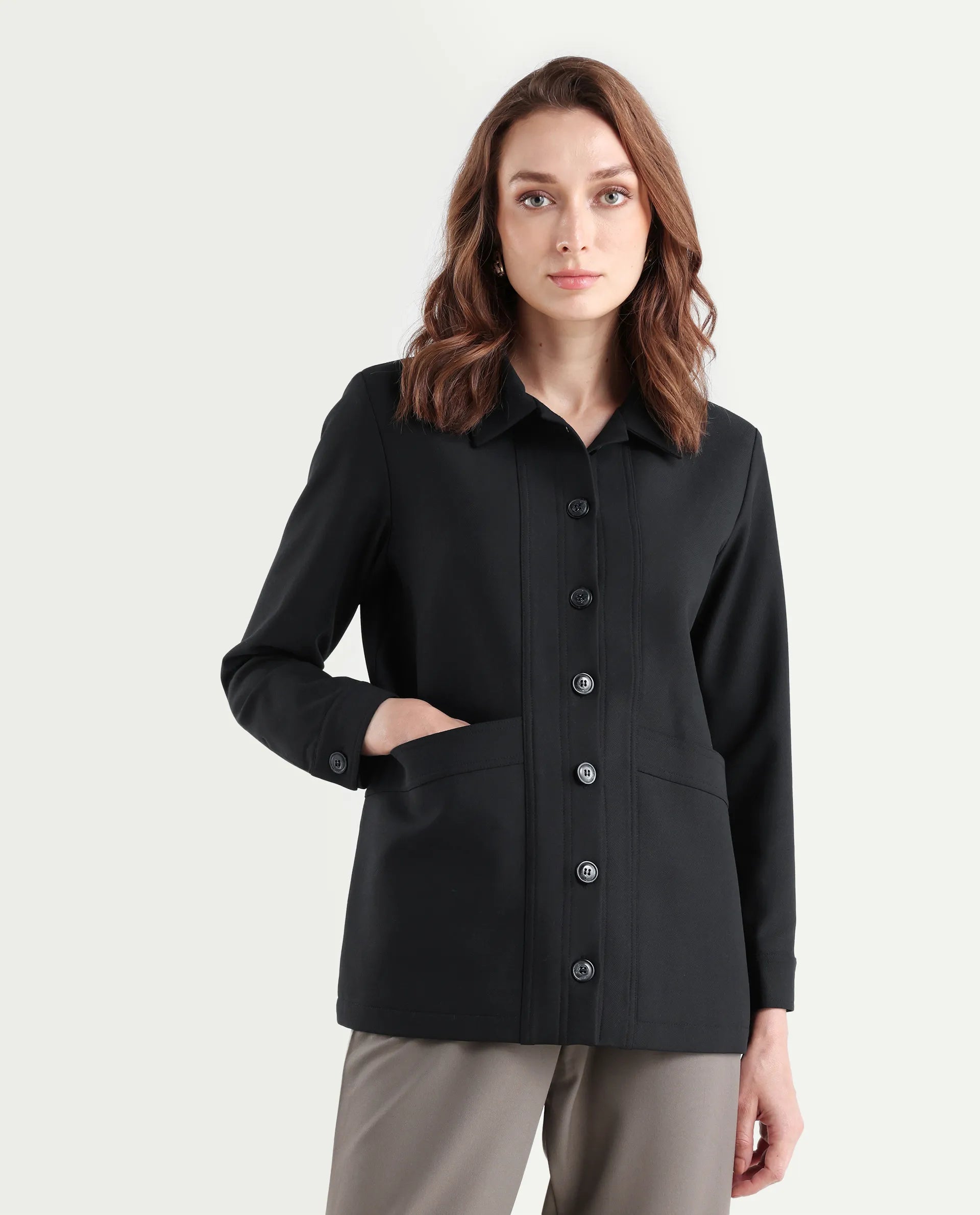 Rareism Women's Yeppon Black Drop Collar Plain Cuffed Sleeve Hip Length Boxy Fit Jacket