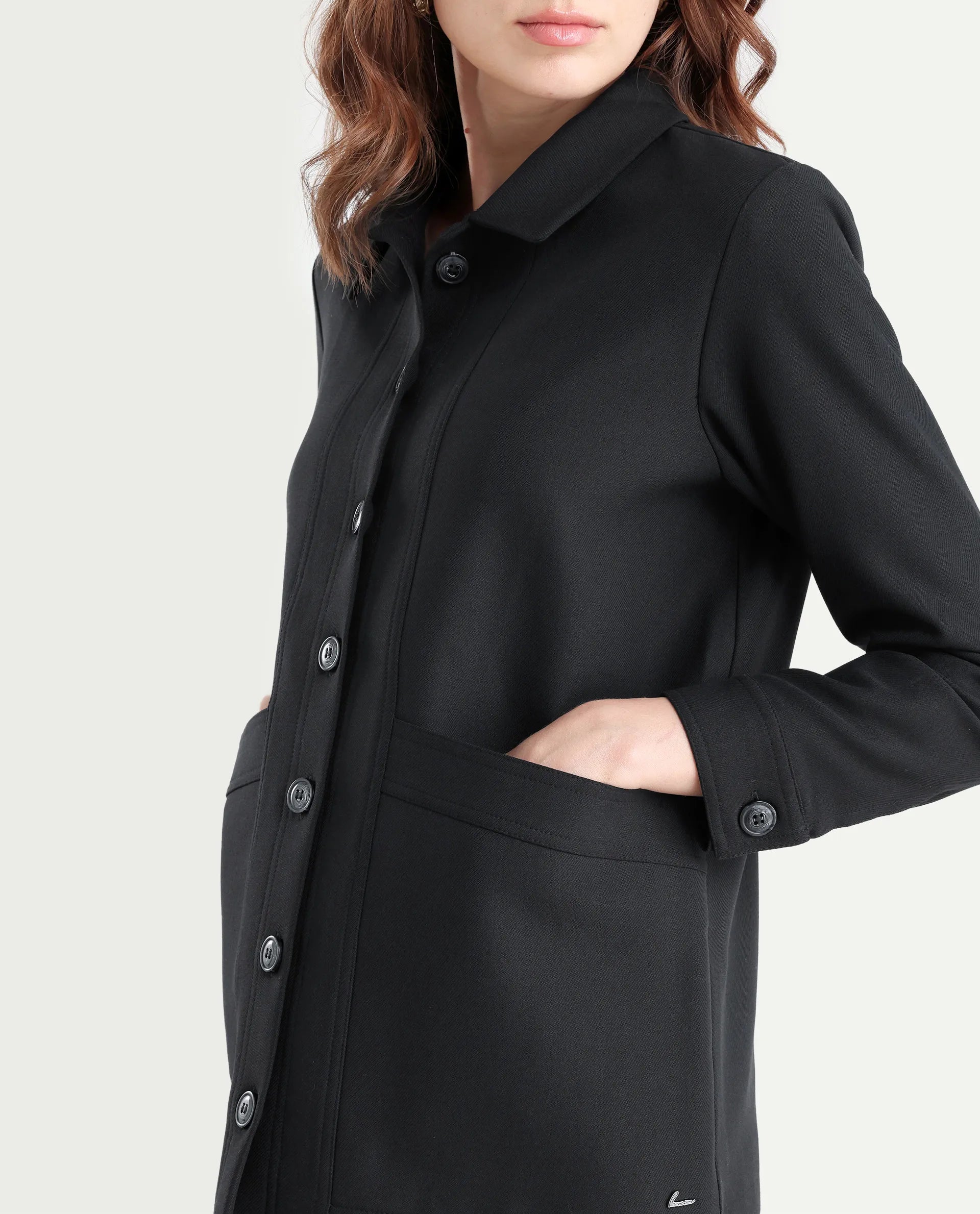 Rareism Women's Yeppon Black Drop Collar Plain Cuffed Sleeve Hip Length Boxy Fit Jacket