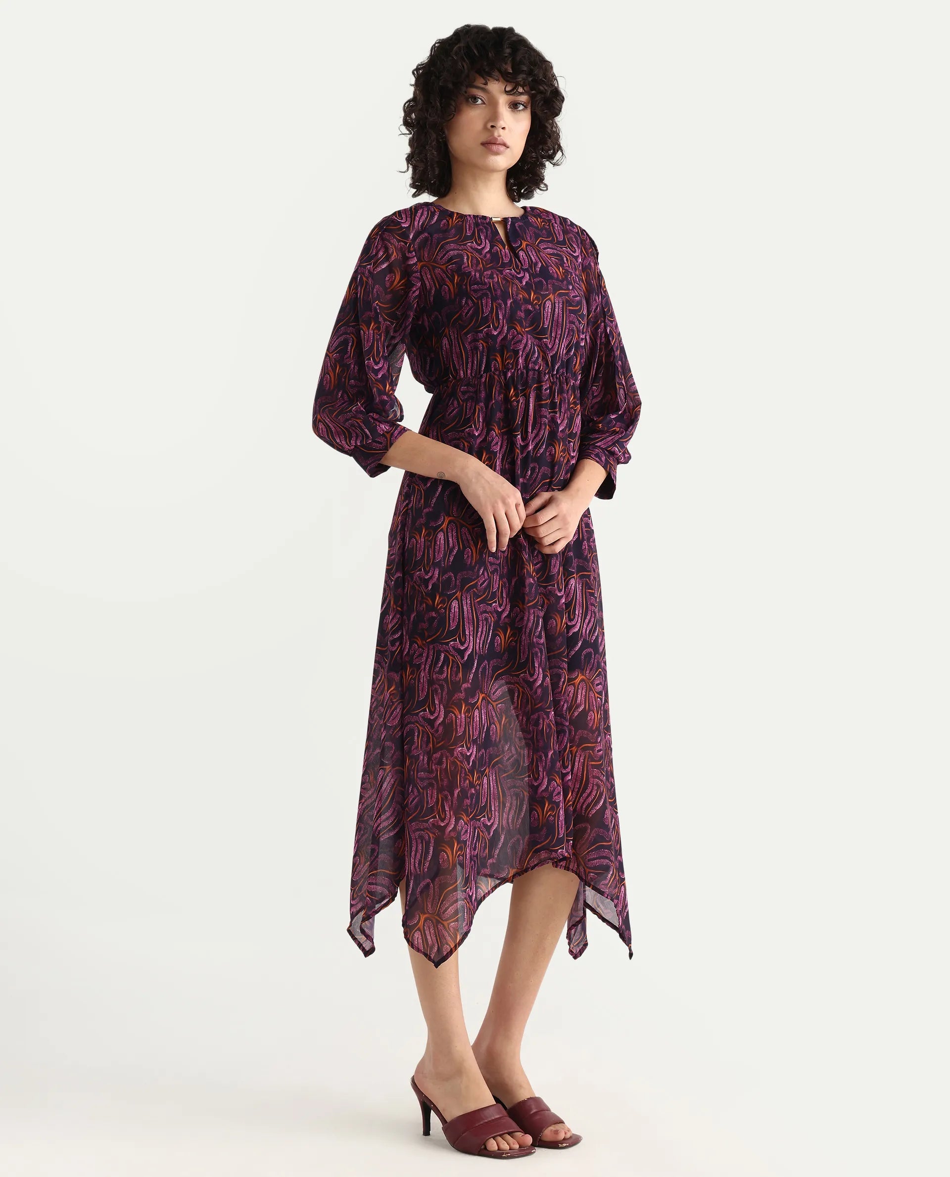 Rareism Women's Yerevan Dark Multi Polyester Crew Neck Abstract Print Puff Sleeves Midi Asymmetric Dress