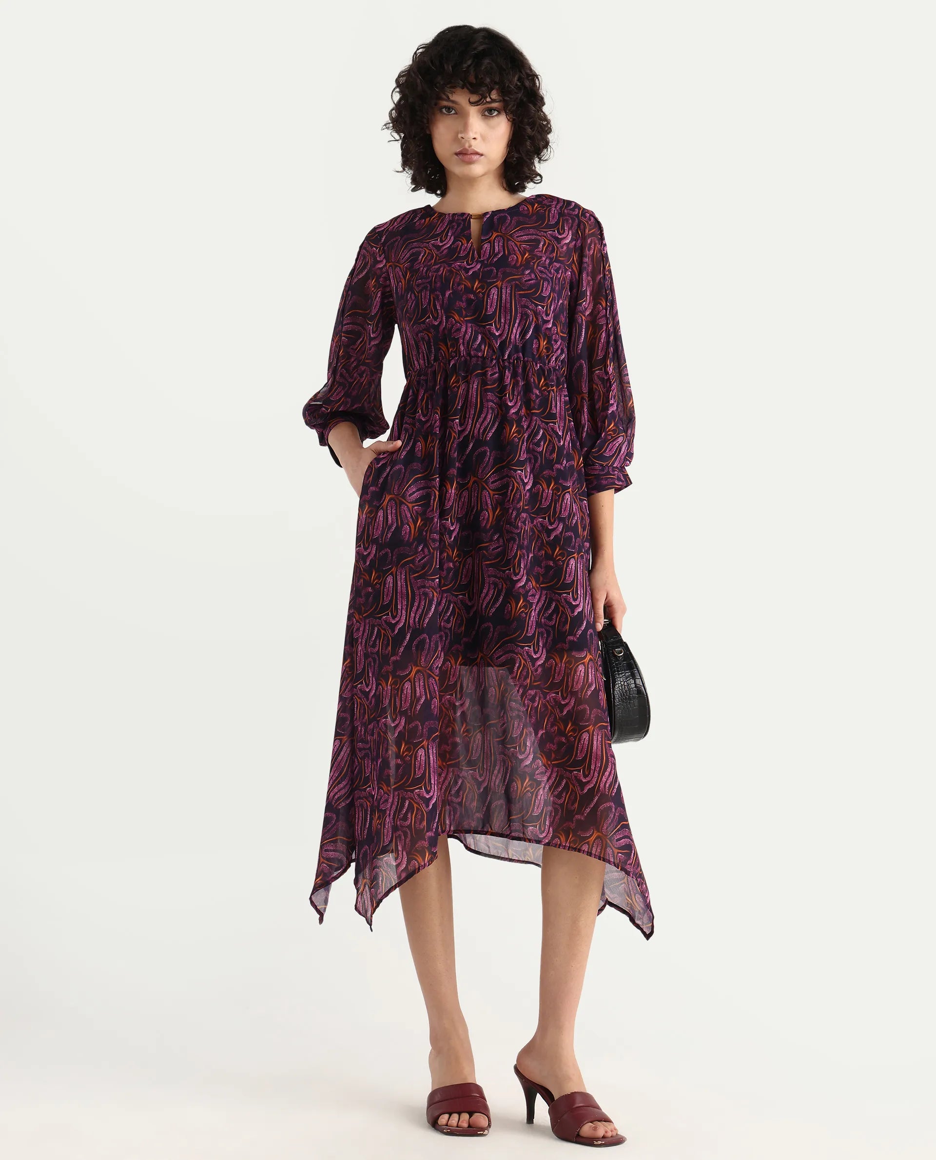 Rareism Women's Yerevan Dark Multi Polyester Crew Neck Abstract Print Puff Sleeves Midi Asymmetric Dress