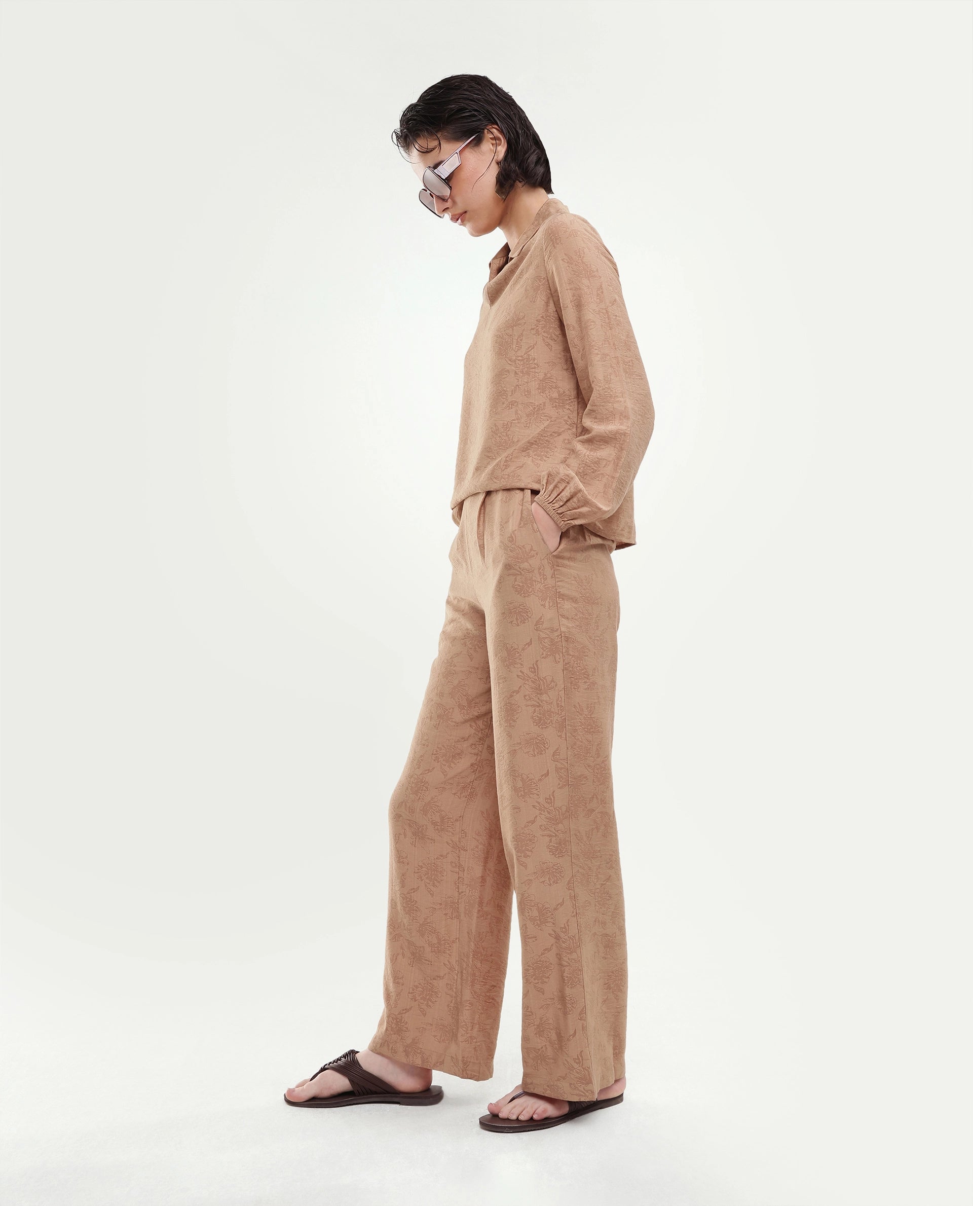 Rareism Women's Yev-B Light Brown Floral Viscose Blend Wide Leg Regular Trouser