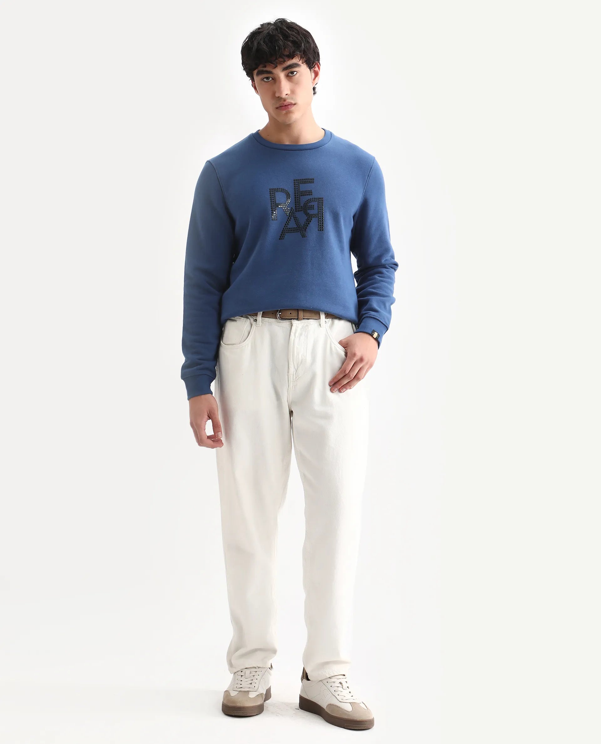 Rare Rabbit Men's Yevs Dark Blue Cotton Graphic Print Regular Fit Full Sleeve Crew Neck Sweatshirt