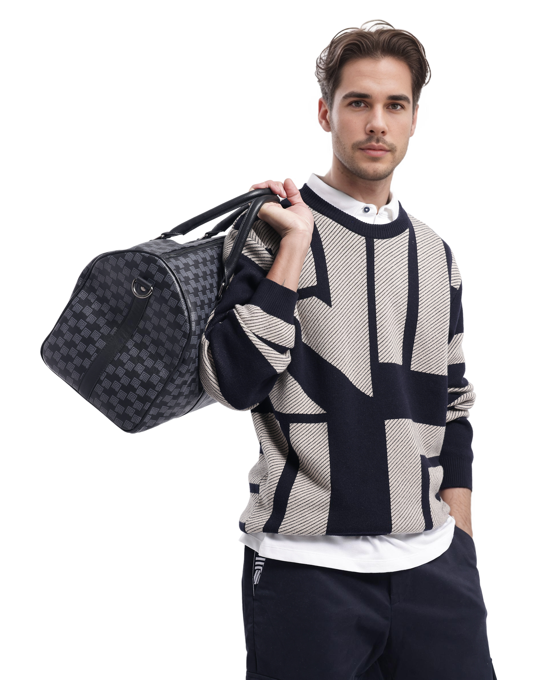 Rare Rabbit Men's Toge Navy Cotton Fabric Full Sleeve Crew Neck Monogram Print Sweater