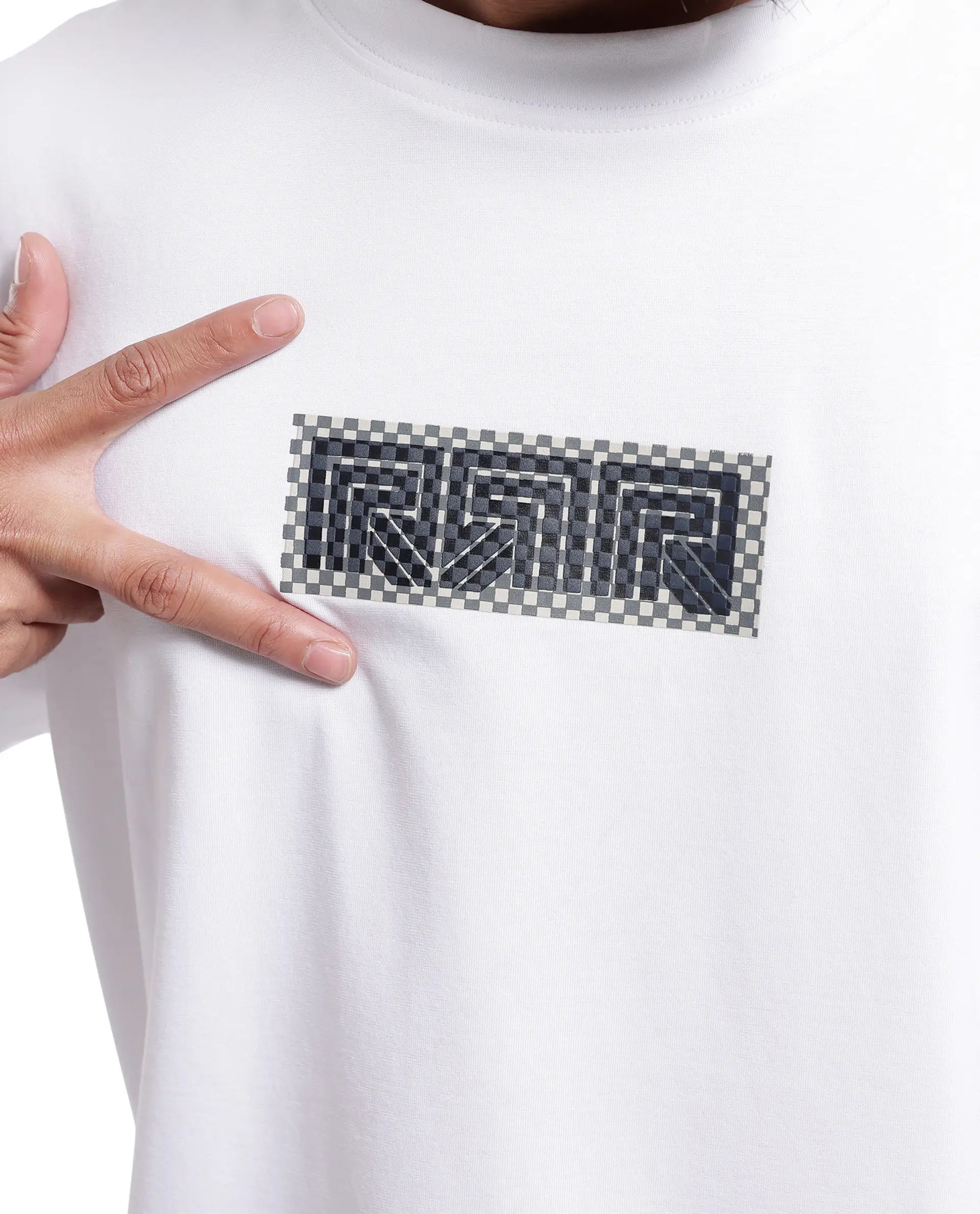 Rare Rabbit Men Fobo White Cotton Polyester Lycra Fabric Short Sleeve Crew Neck Oversized Fit Monogram Chest Print T-Shirt