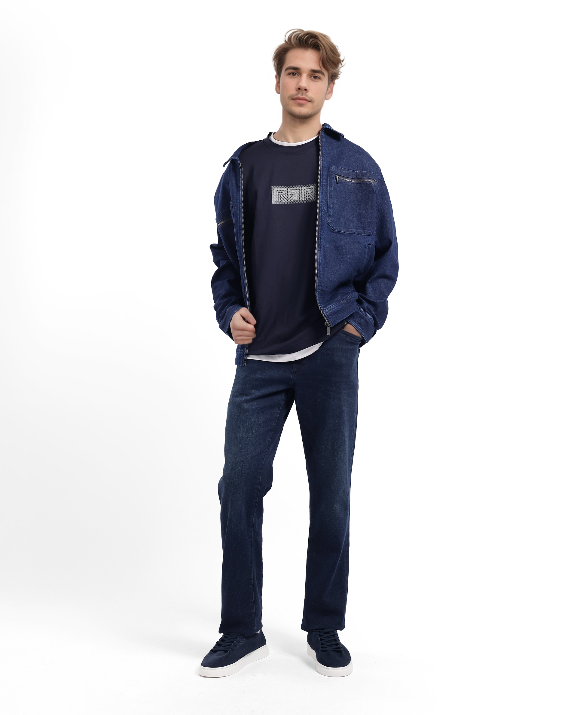 Rare Rabbit Men Fobo Navy Cotton Polyester Lycra Fabric Short Sleeve Crew Neck Oversized Fit Monogram Chest Print T-Shirt