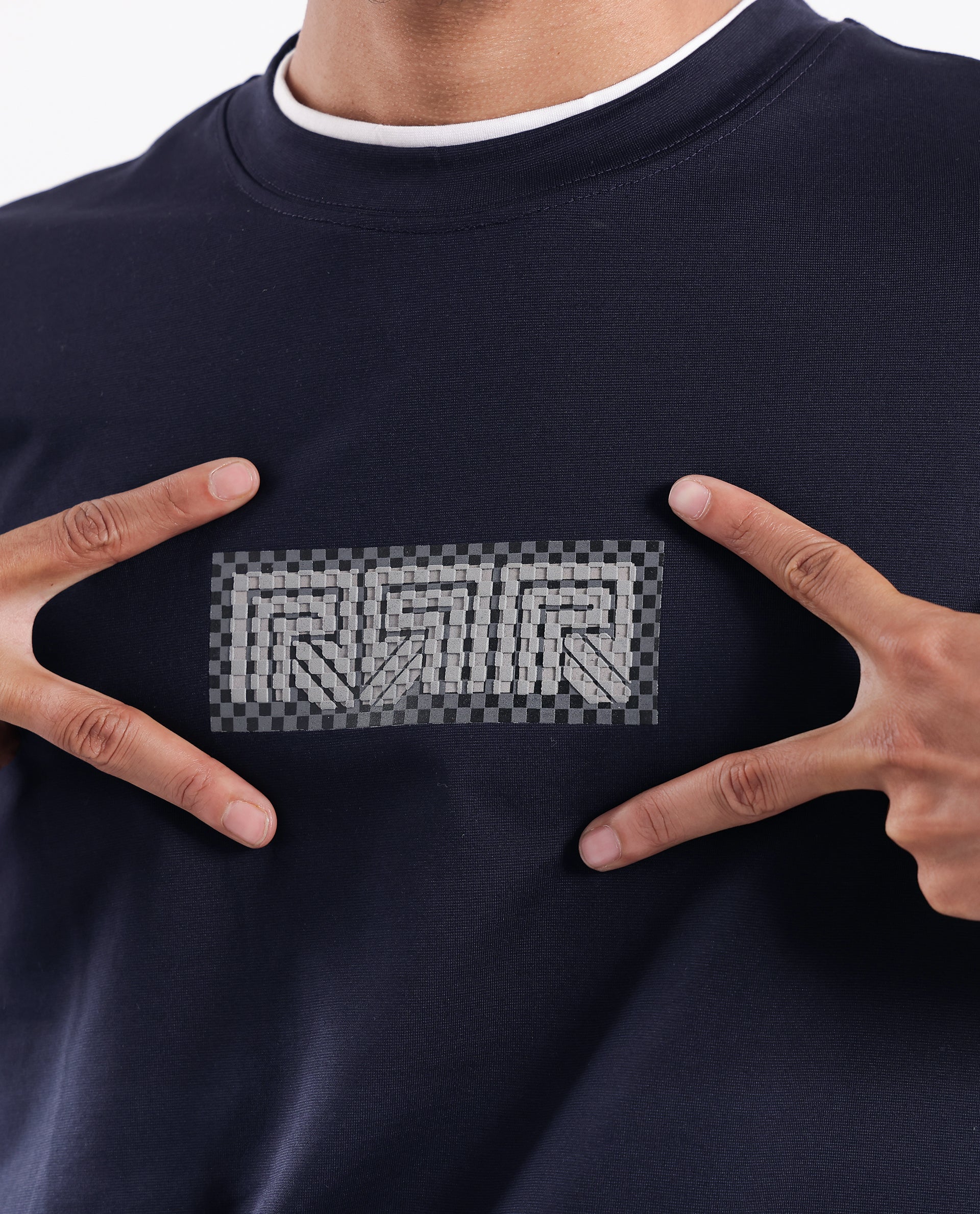 Rare Rabbit Men Fobo Navy Cotton Polyester Lycra Fabric Short Sleeve Crew Neck Oversized Fit Monogram Chest Print T-Shirt