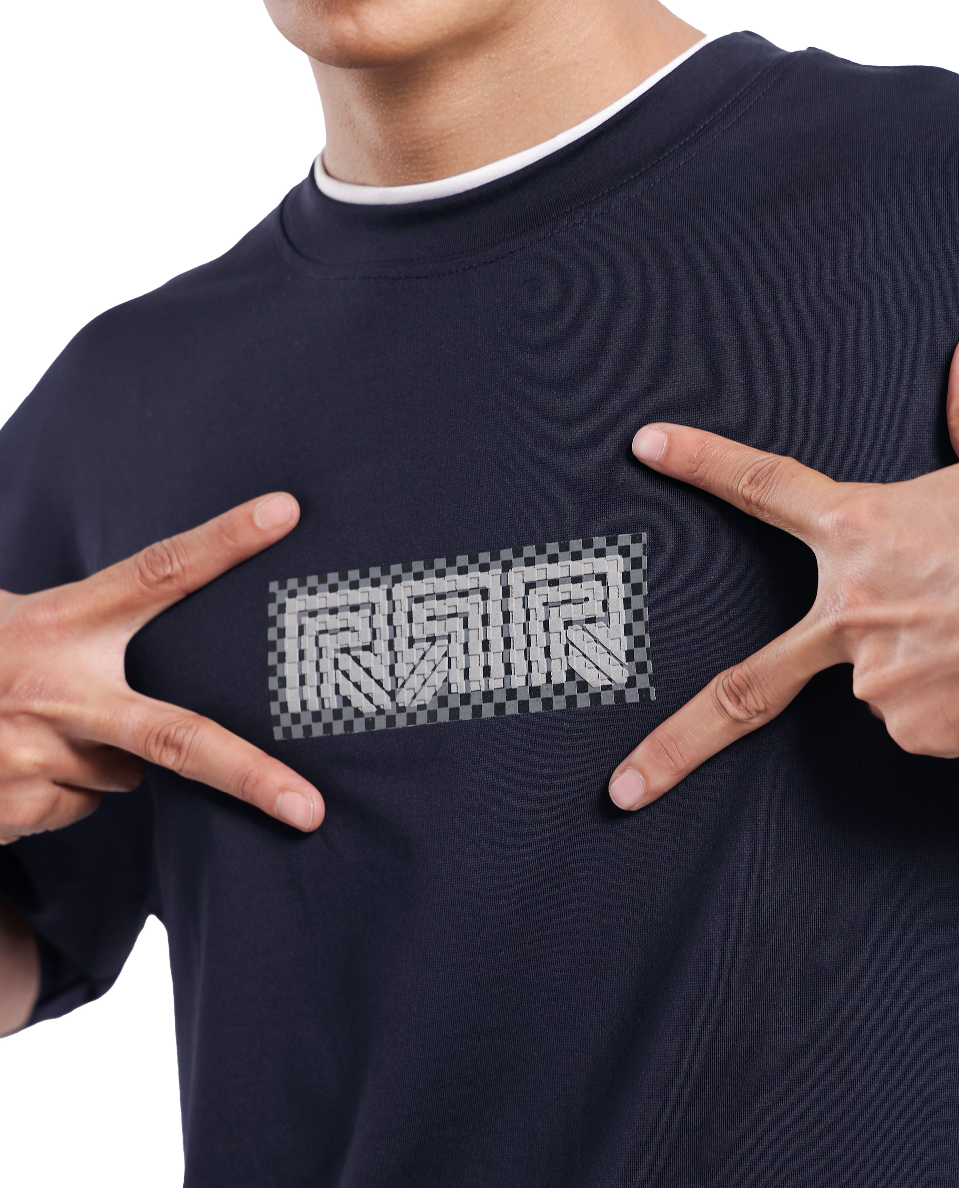 Rare Rabbit Men Fobo Navy Cotton Polyester Lycra Fabric Short Sleeve Crew Neck Oversized Fit Monogram Chest Print T-Shirt