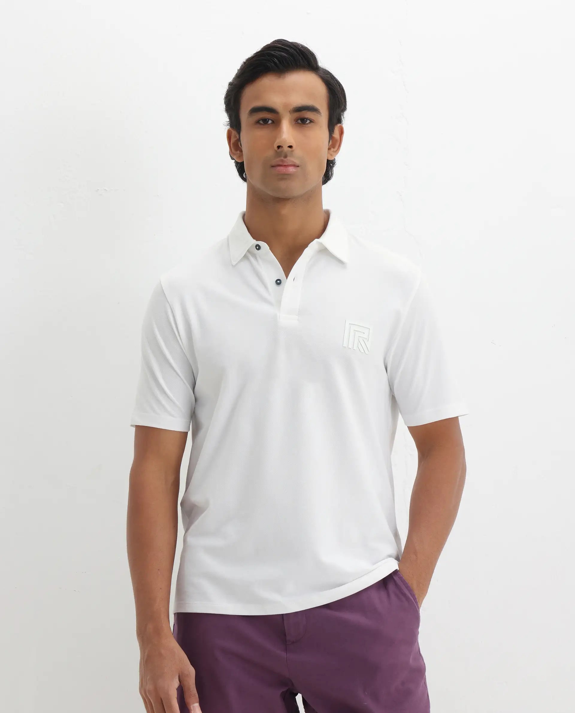 Rare Rabbit Men's Yobo White Plain Regular Fit Half Sleeve Polo