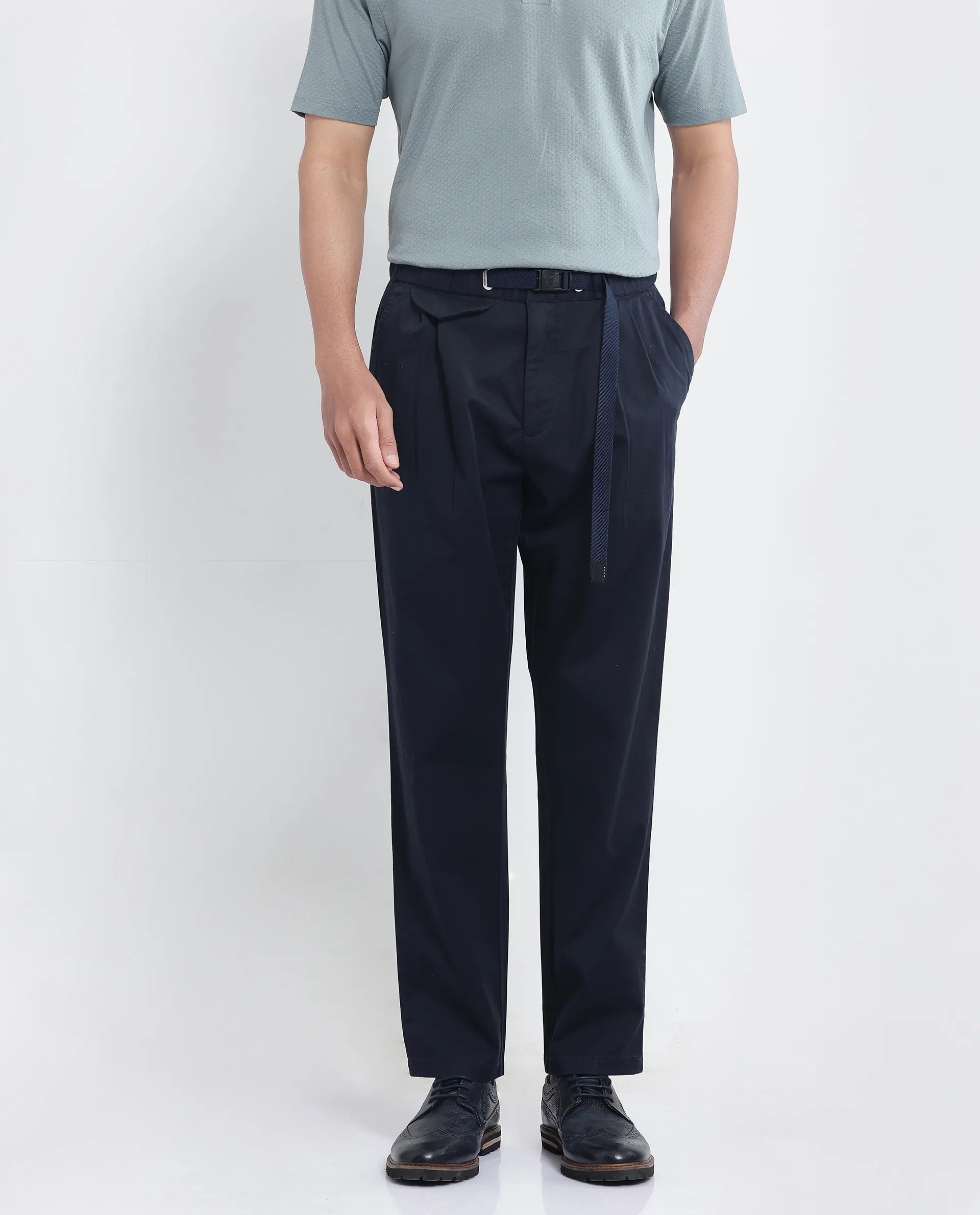 Rare Rabbit Men Yocko Navy Cotton Elastane Fabric Baggy Fit Pleated Plain Trouser