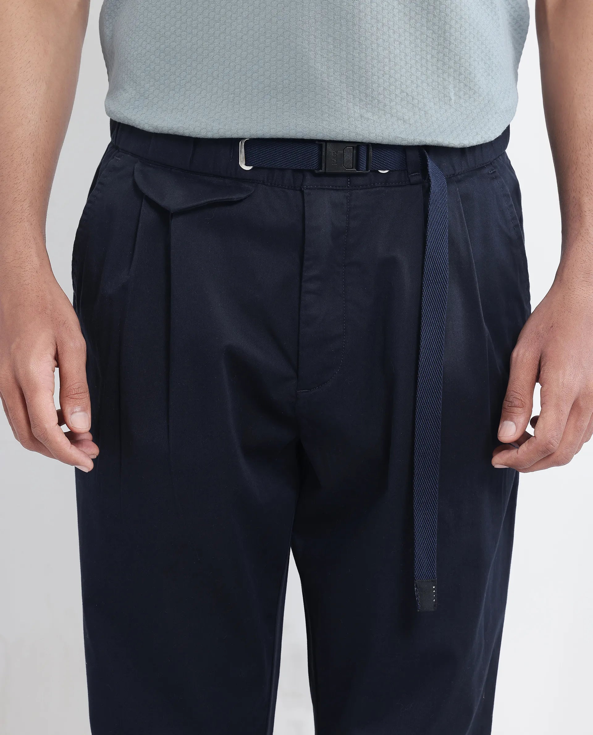 Rare Rabbit Men Yocko Navy Cotton Elastane Fabric Baggy Fit Pleated Plain Trouser