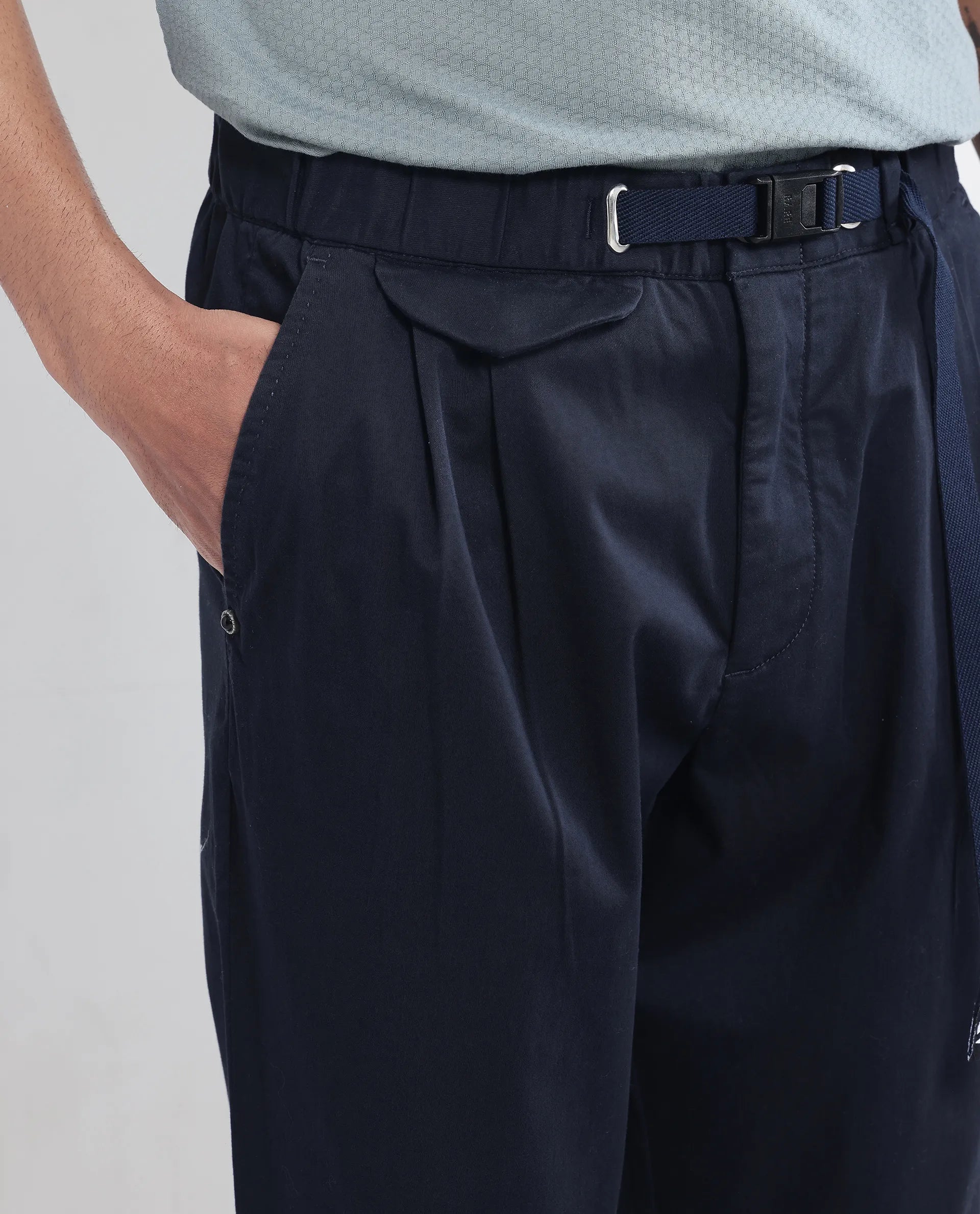 Rare Rabbit Men Yocko Navy Cotton Elastane Fabric Baggy Fit Pleated Plain Trouser