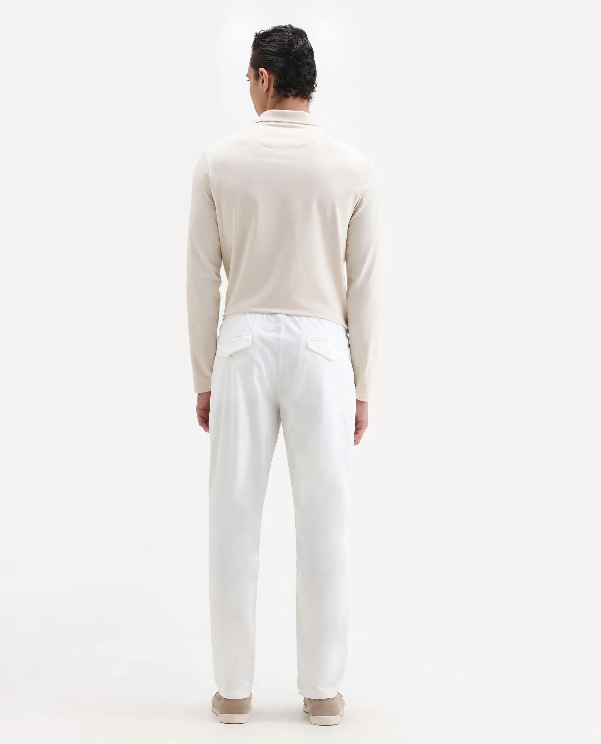 Rare Rabbit Men's Yocko White Cotton Blend Plain Baggy Fit Trouser