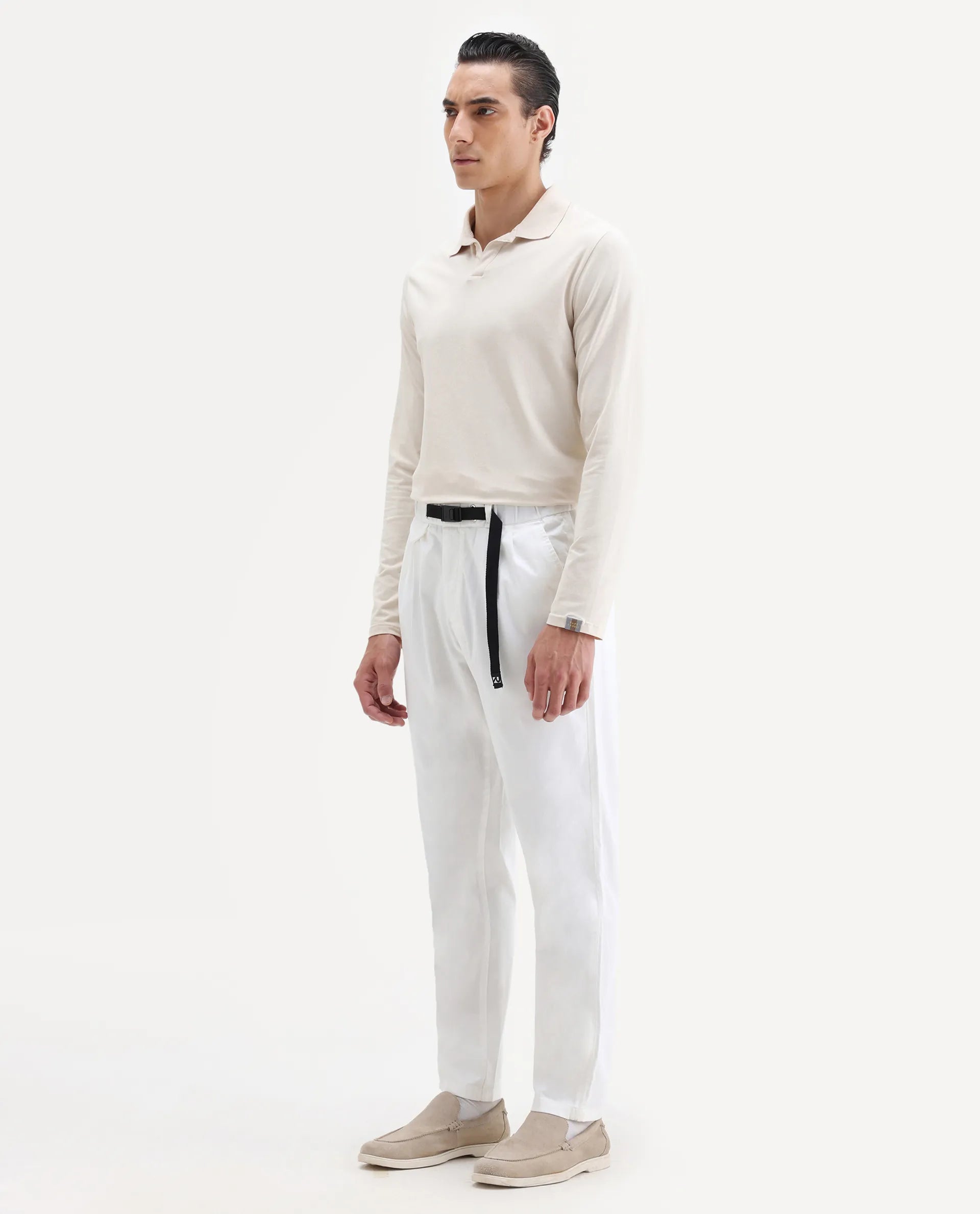 Rare Rabbit Men's Yocko White Cotton Blend Plain Baggy Fit Trouser