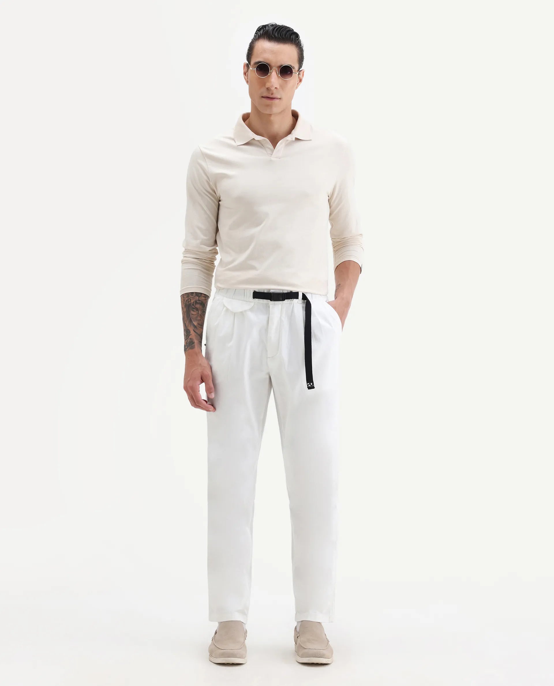 Rare Rabbit Men's Yocko White Cotton Blend Plain Baggy Fit Trouser