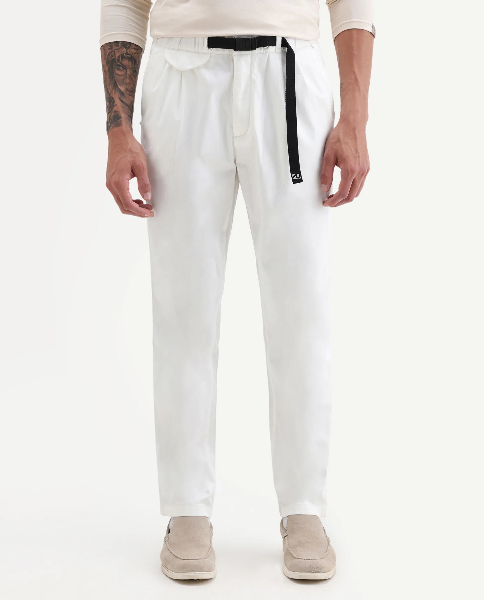 Rare Rabbit Men's Yocko White Cotton Blend Plain Baggy Fit Trouser