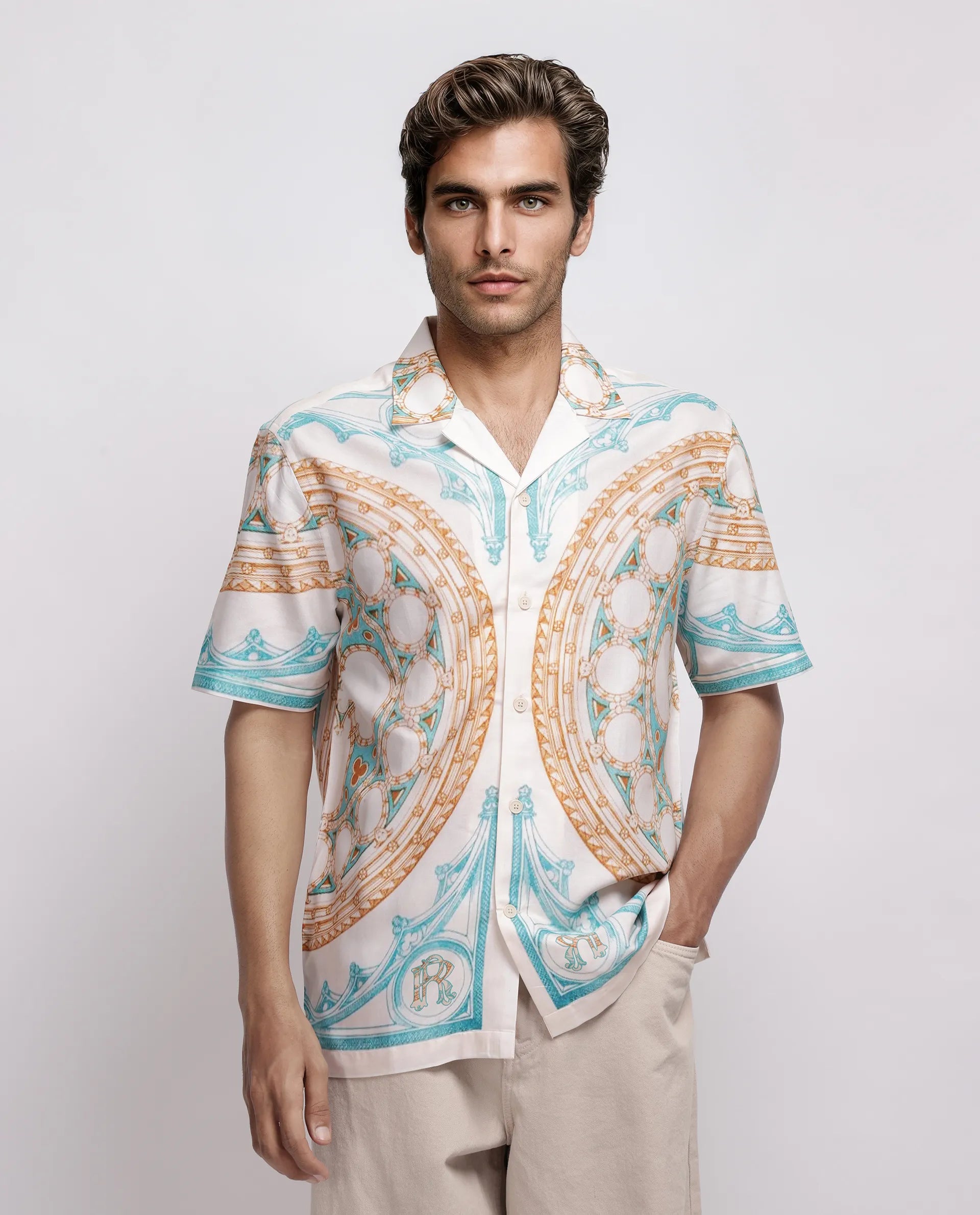 Rare Rabbit Men's Yokor Beige Viscose Placement Print Boxy Fit Half Sleeve Cuban Collar Shirt