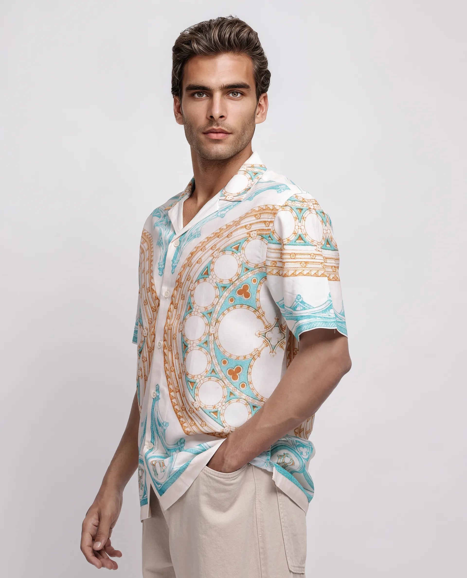 Rare Rabbit Men's Yokor Beige Viscose Placement Print Boxy Fit Half Sleeve Cuban Collar Shirt