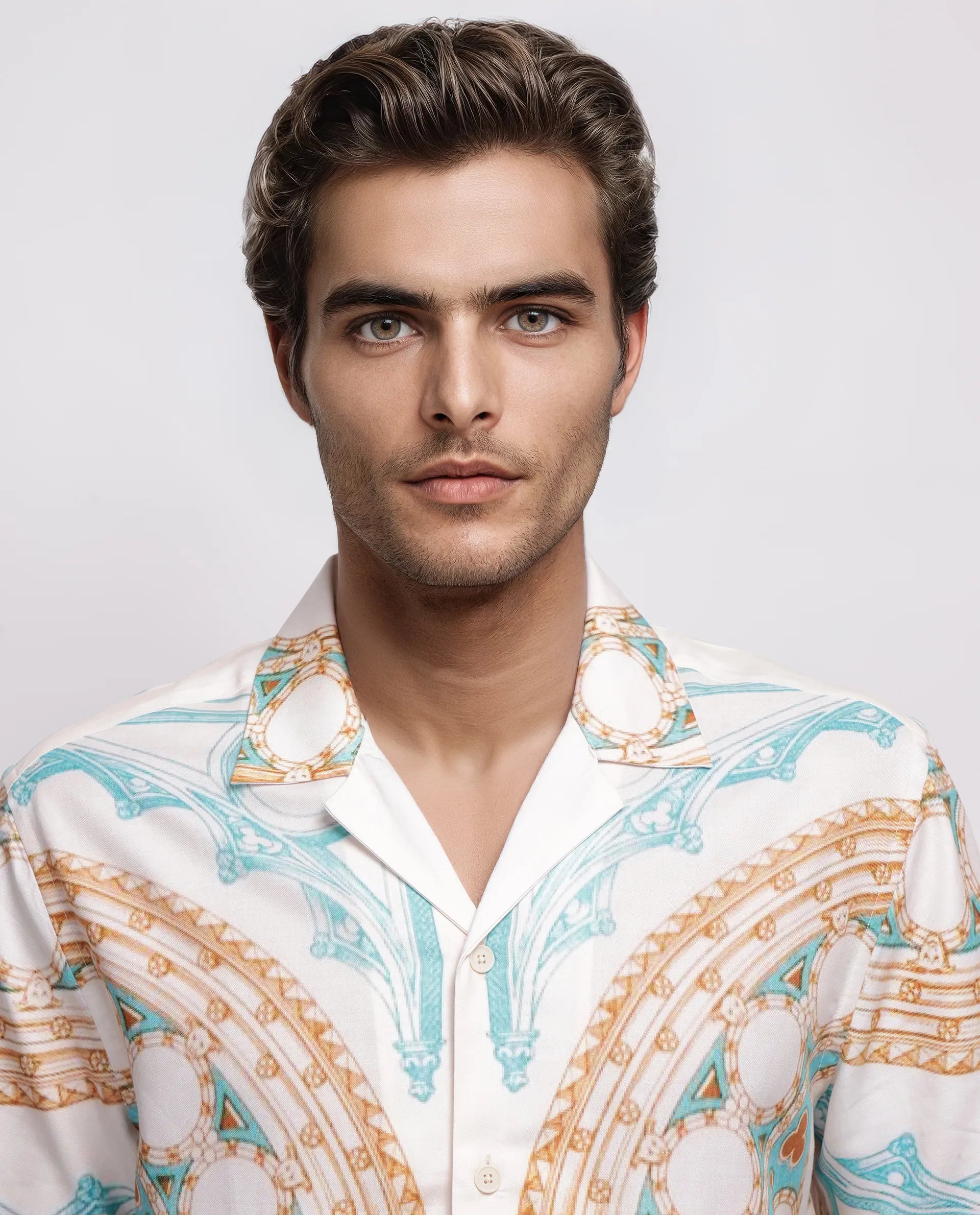 Rare Rabbit Men's Yokor Beige Viscose Placement Print Boxy Fit Half Sleeve Cuban Collar Shirt