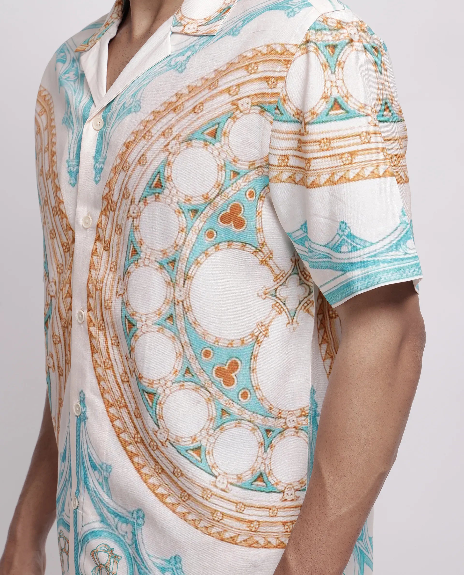 Rare Rabbit Men's Yokor Beige Viscose Placement Print Boxy Fit Half Sleeve Cuban Collar Shirt