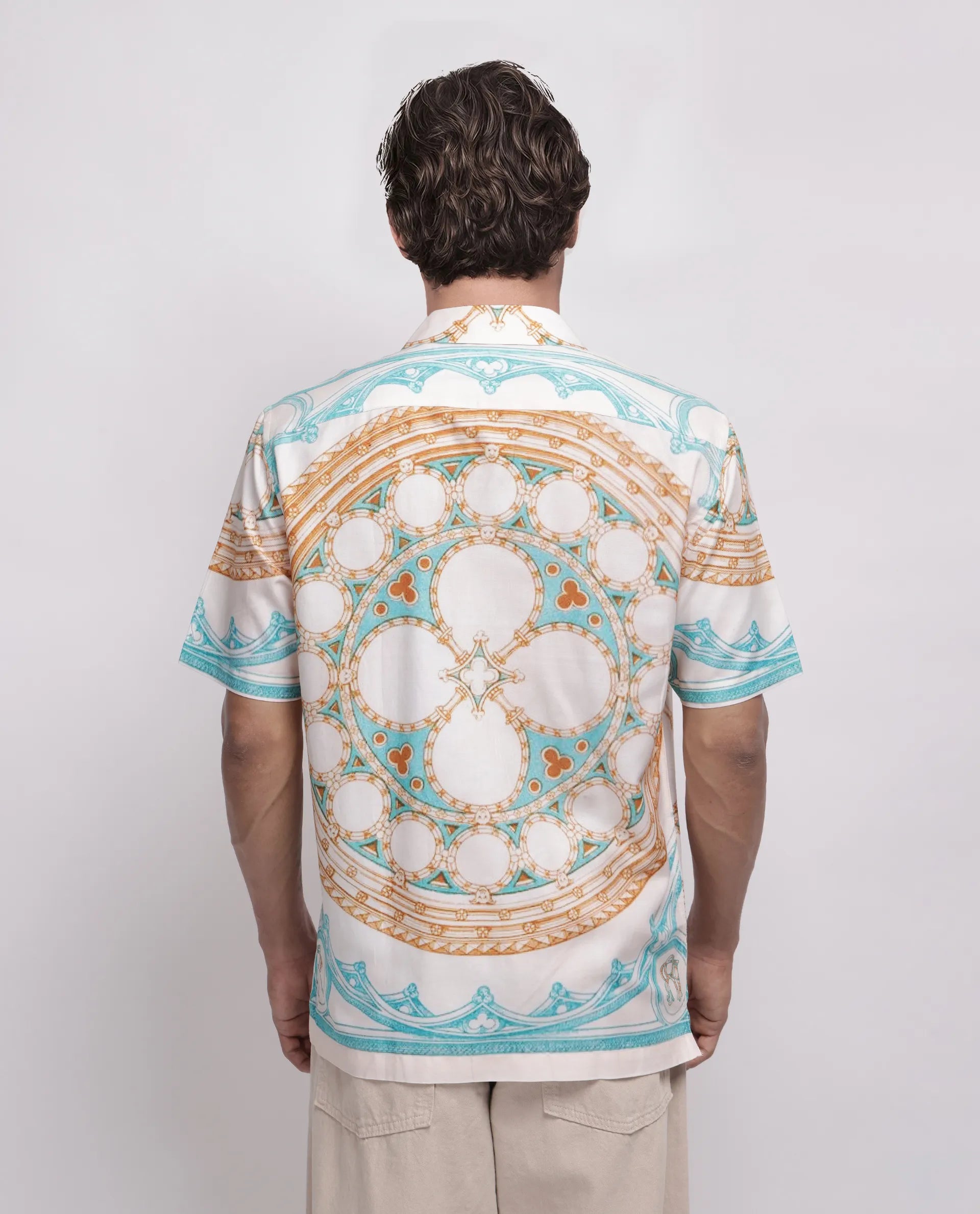 Rare Rabbit Men's Yokor Beige Viscose Placement Print Boxy Fit Half Sleeve Cuban Collar Shirt