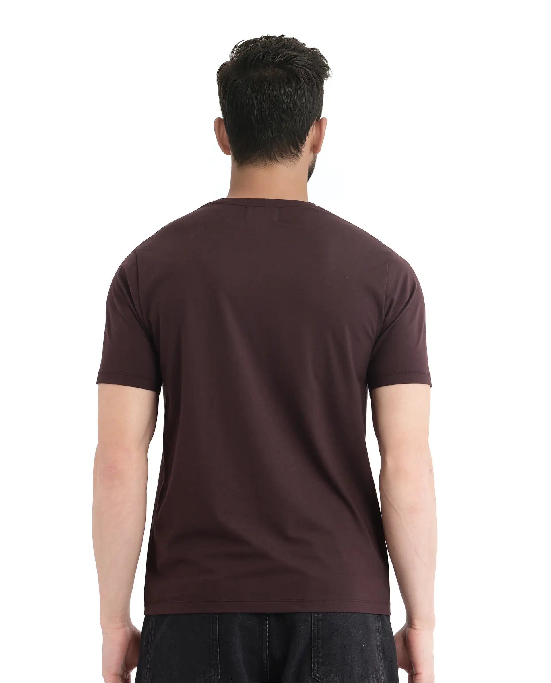 Rare Rabbit Men Yolt Brown Cotton Blend Fabric Short Sleeve Crew Neck Regular Fit HD Print T-Shirt