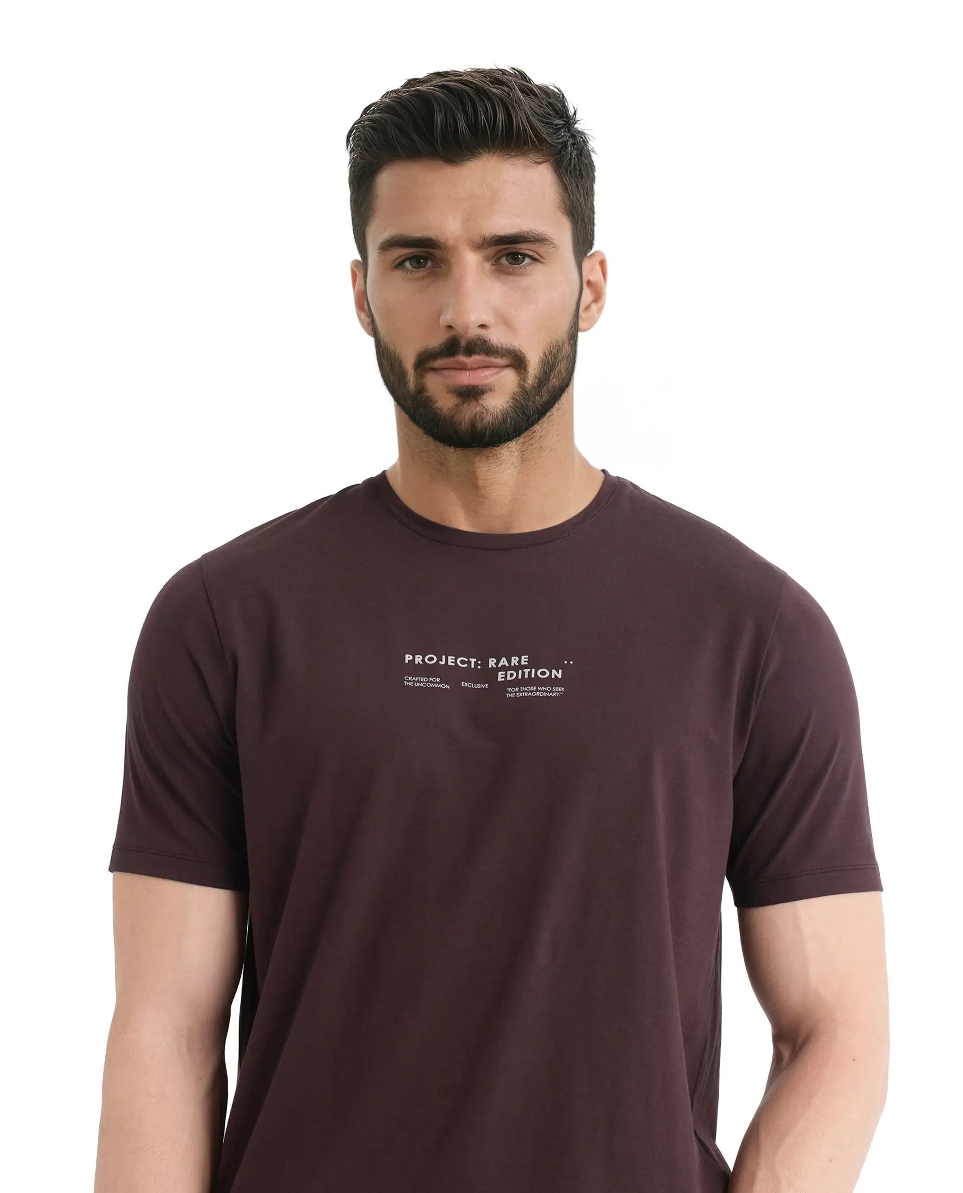 Rare Rabbit Men Yolt Brown Cotton Blend Fabric Short Sleeve Crew Neck Regular Fit HD Print T-Shirt